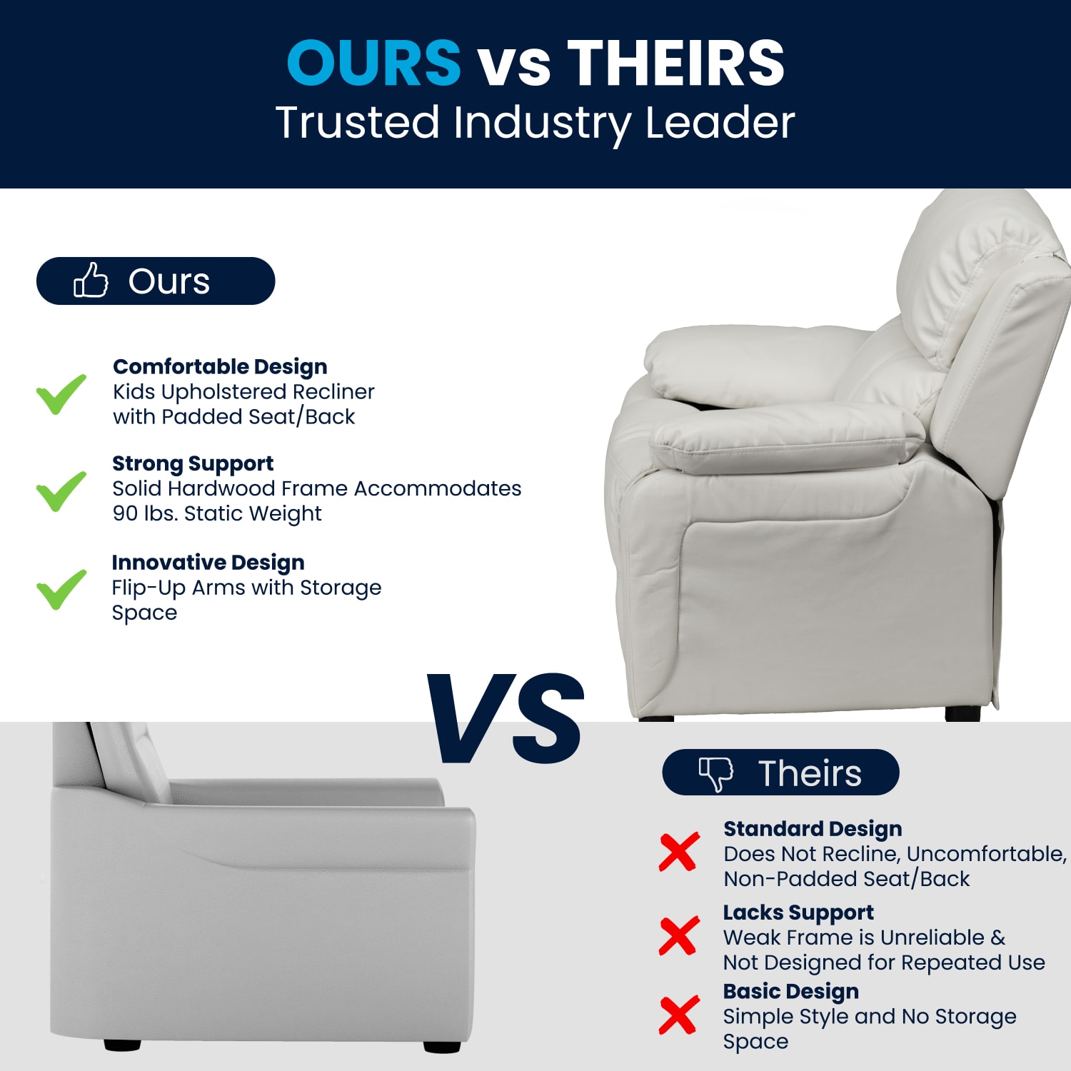 Flash Furniture Deluxe Padded Contemporary Vinyl Kids Recliner Accent Chair With Storage Arms, White - Image 4