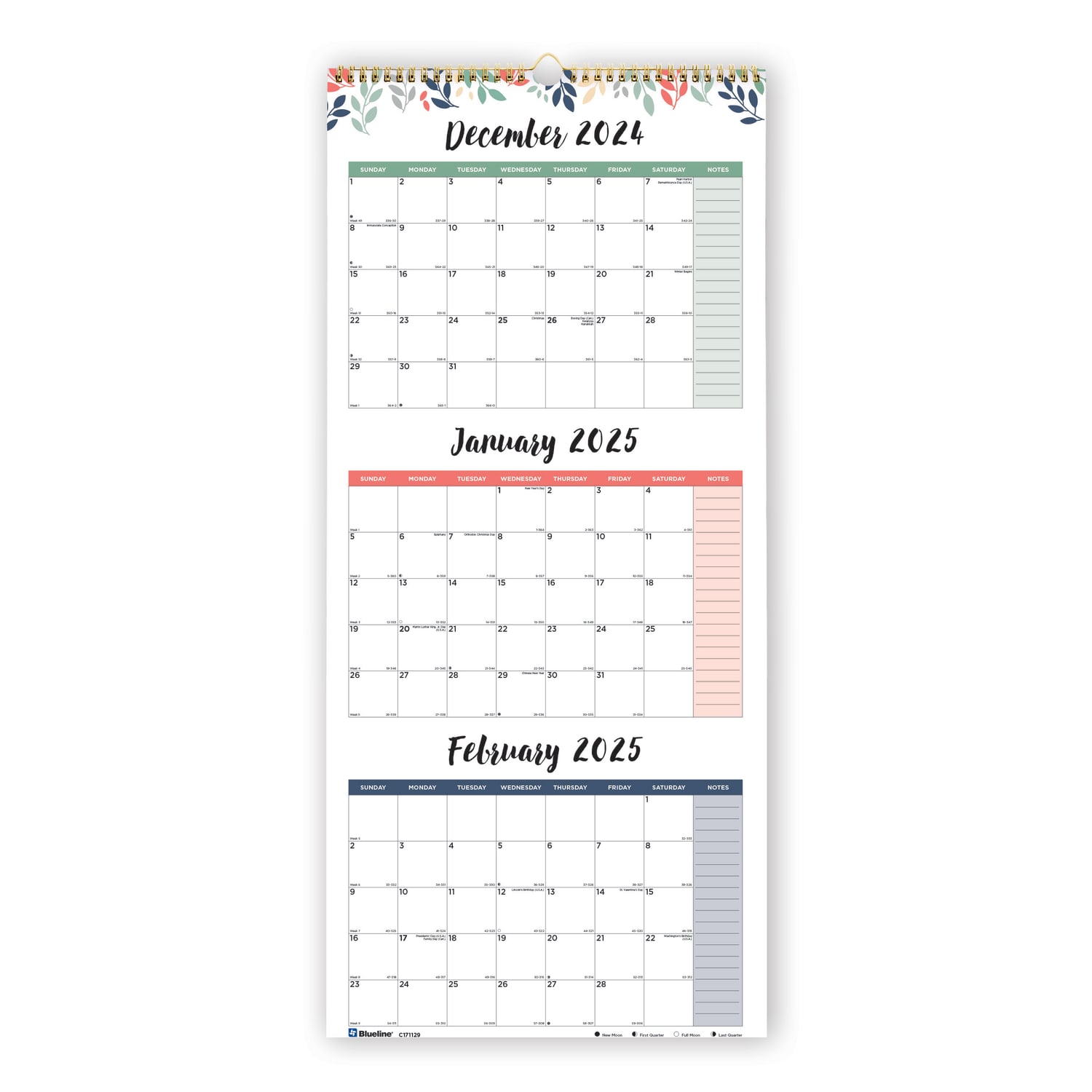 2024-2026 Blueline 3-Month Wall Calendar, 12-1/4in x 27in, Leaves, December To January, C171129