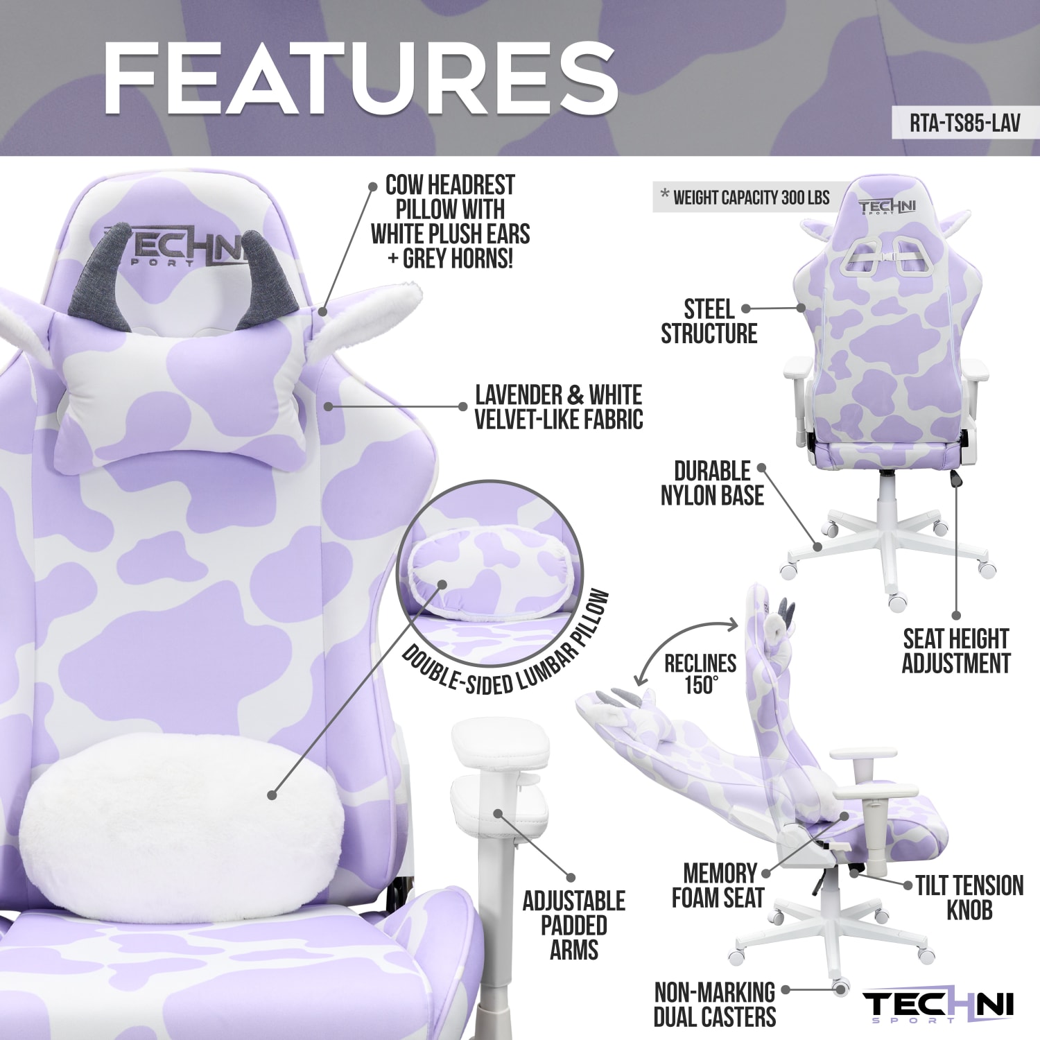 Techni Sport Cow Series Ergonomic Fabric Computer Gaming Chair, Lavender - Image 4