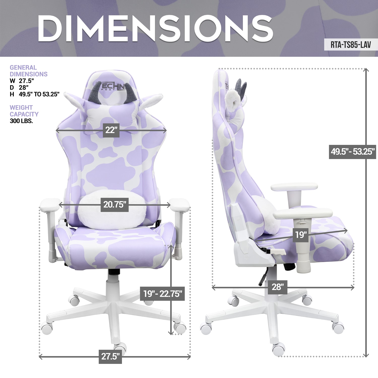 Techni Sport Cow Series Ergonomic Fabric Computer Gaming Chair, Lavender - Image 5