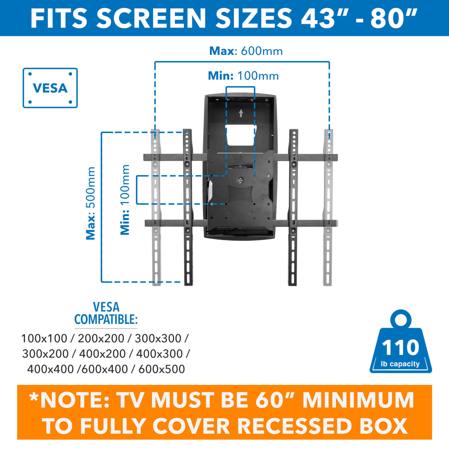 Mount-It! Motorized Fireplace TV Mount With Recessed Base For Screen Sizes 42in To 80in, 6inH x 18inW x 33inD, Black - Image 5