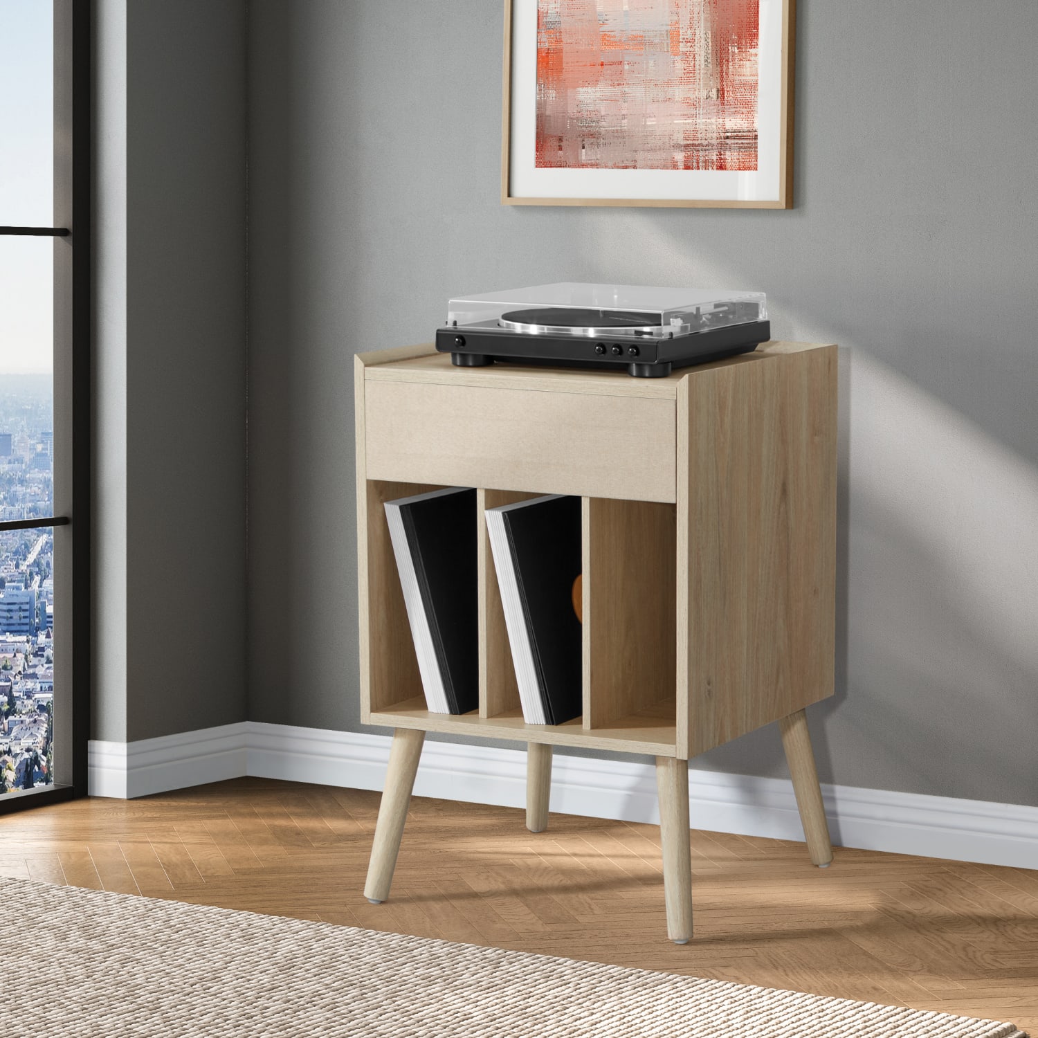 Office Star Revolution Record Player Stand With Record Album Storage, 32inH x 21-1/4inW x 19-3/4inD, Norwegian Alder - Image 3