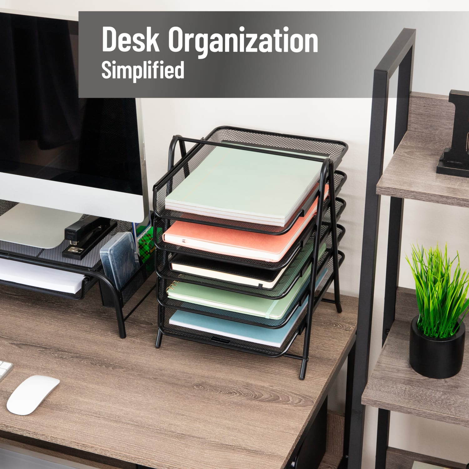 Mind Reader 5-Tier Paper Tray Desktop Organizer Metal Mesh, 14-1/2inH x 14inW x 11-3/4in L, Set of 2, Black - Image 3