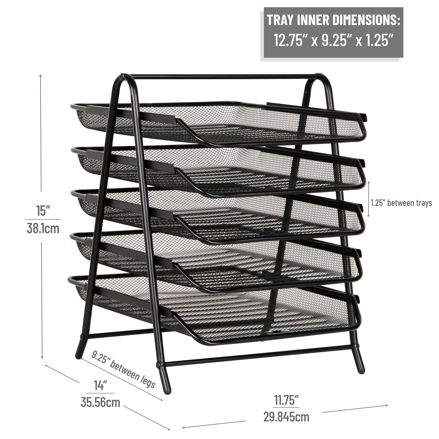 Mind Reader 5-Tier Paper Tray Desktop Organizer Metal Mesh, 14-1/2inH x 14inW x 11-3/4in L, Set of 2, Black - Image 4
