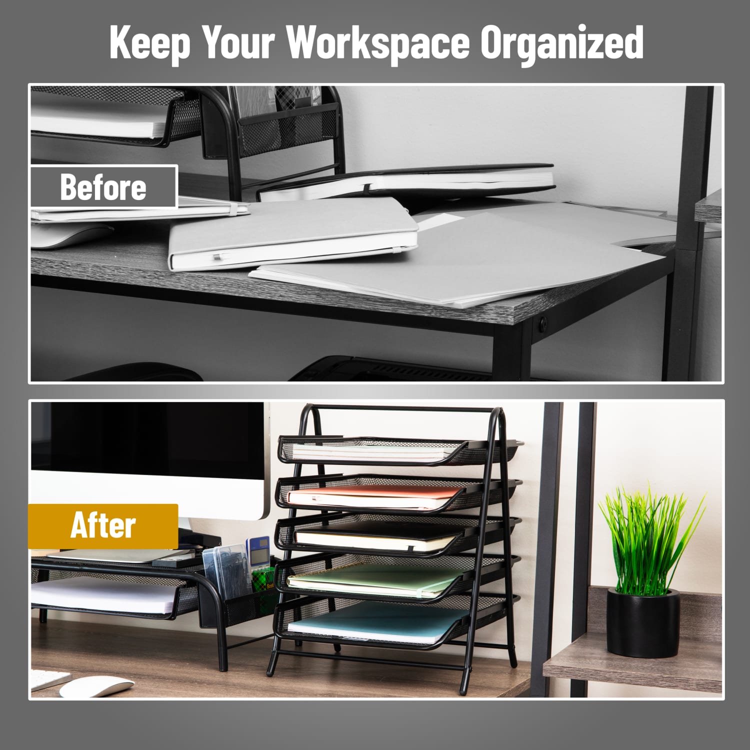 Mind Reader 5-Tier Paper Tray Desktop Organizer Metal Mesh, 14-1/2inH x 14inW x 11-3/4in L, Set of 2, Black - Image 6