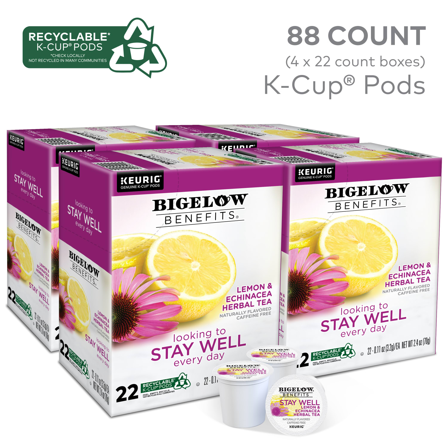 Bigelow Stay Well Herbal Tea Keurig Single Serve K-Cup Pods, 22 Pods Per Pack, Case Of 4 Packs - Image 3