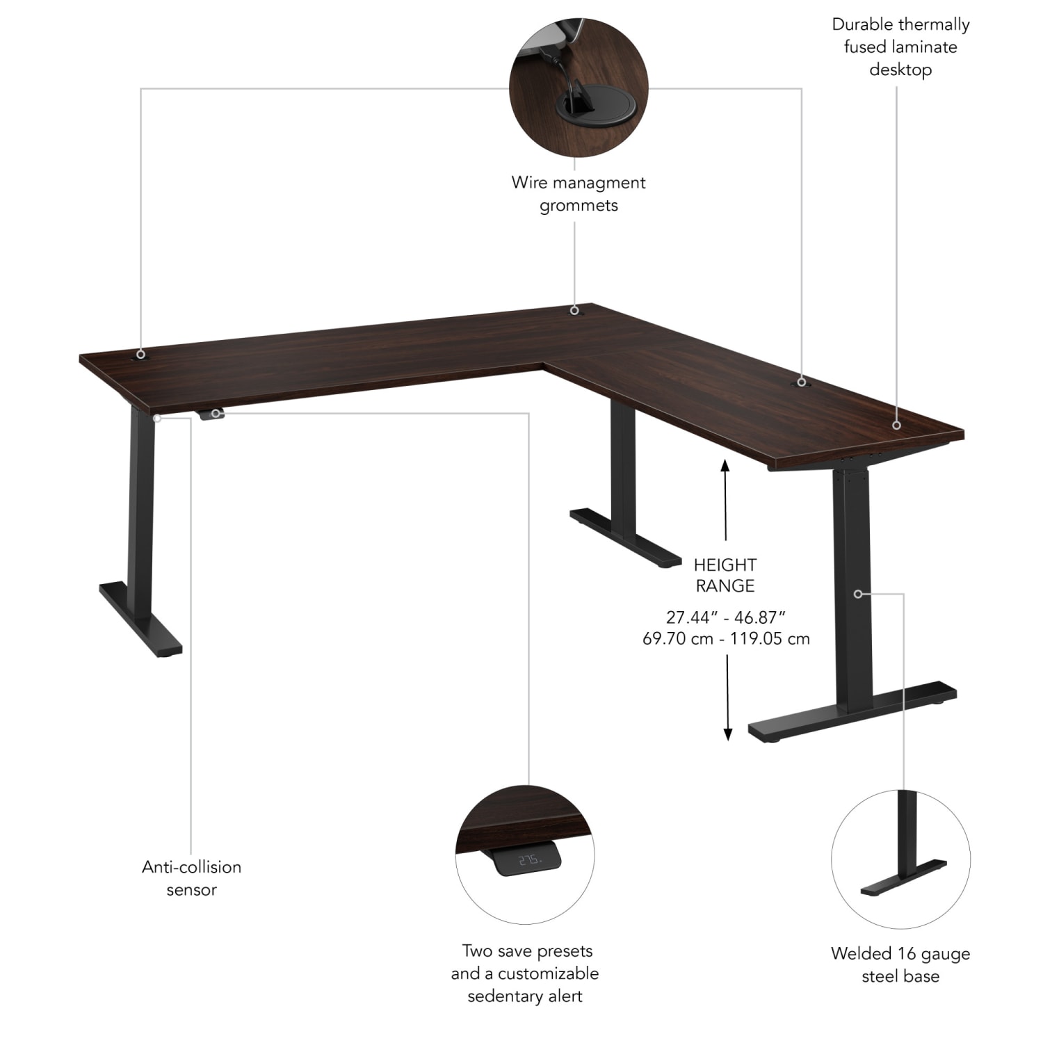 Bush Business Furniture Move 60 Series 72inW Height Adjustable L Shaped Standing Desk, Black Walnut/Black Powder Coat, Standard Delivery - Image 4