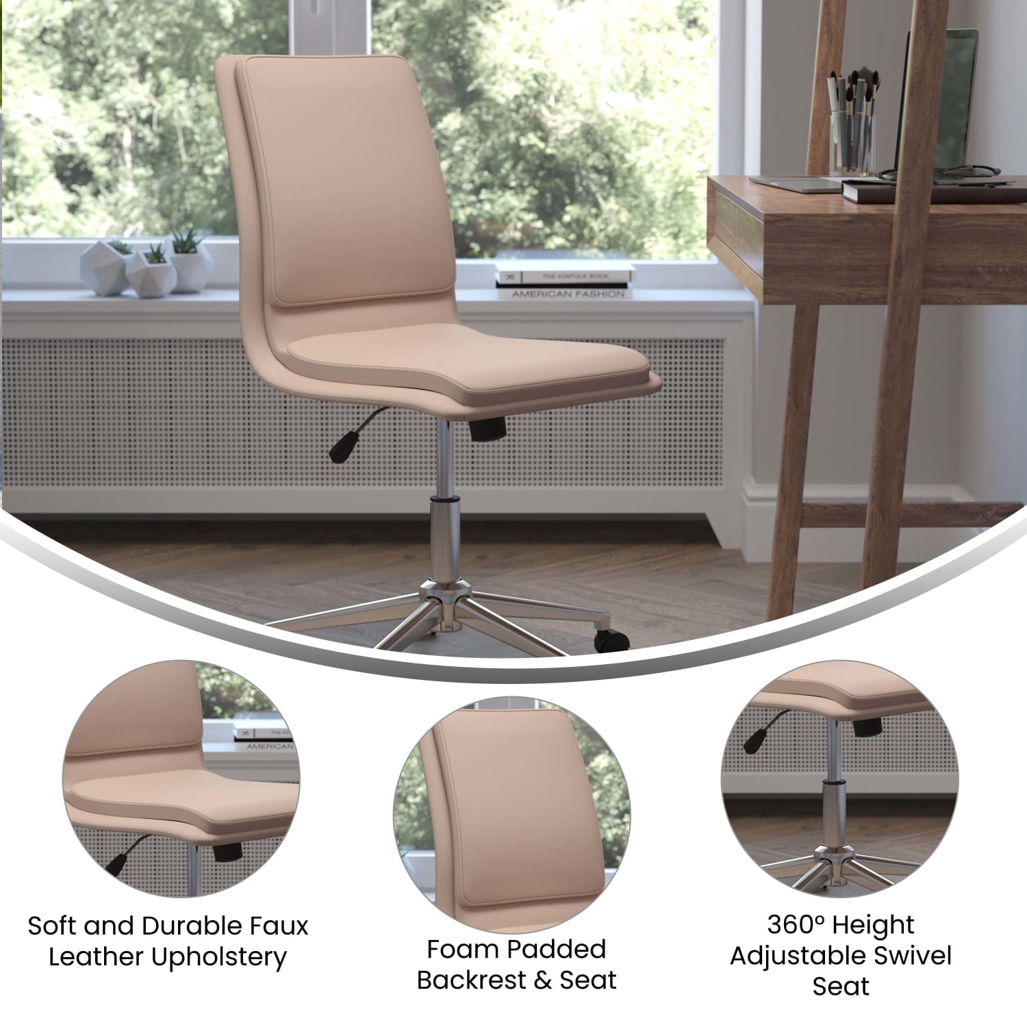 Flash Furniture Madigan Faux Leather Mid-Back Armless Swivel Task Office Chair, Taupe - Image 5