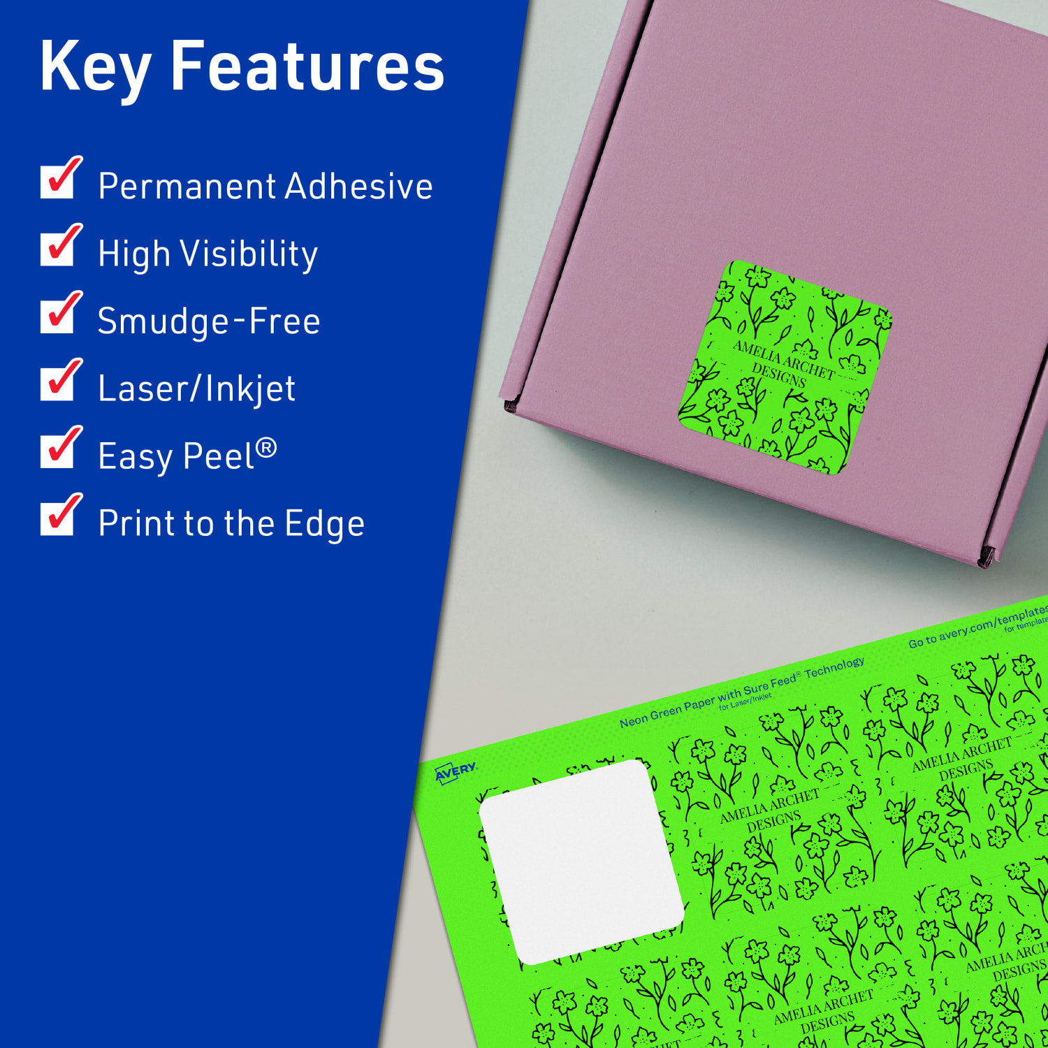 Avery Print-To-The-Edge Labels With Sure Feed Technology And Easy Peel, 94105-NGP20, Square, 2-1/8in x 2-1/8in, Matte Neon Green, Pack of 240 - Image 3