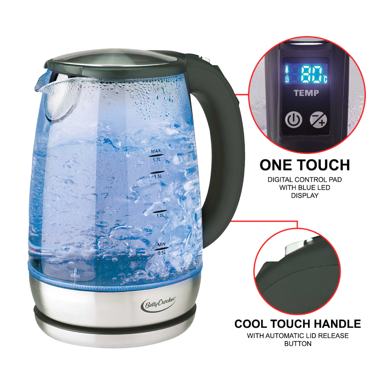 Betty Crocker Electric Tea Kettle, 1.7L, Silver - Image 3