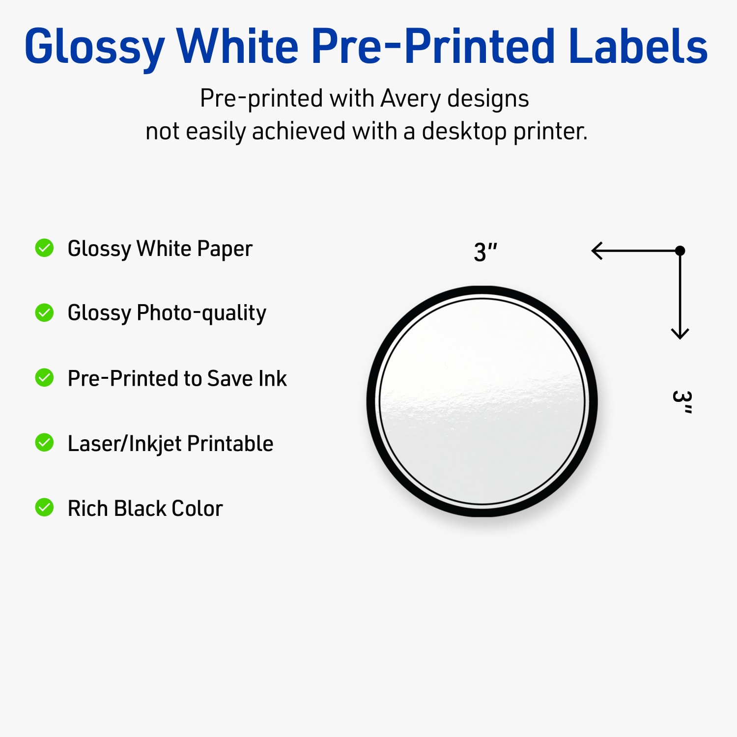 Avery Print-To-The-Edge Labels & Sure Feed, S00-DM1-PRWGP10, 3in Round, Glossy White, Preprinted Double Black Border Design, Pack Of 60 - Image 4