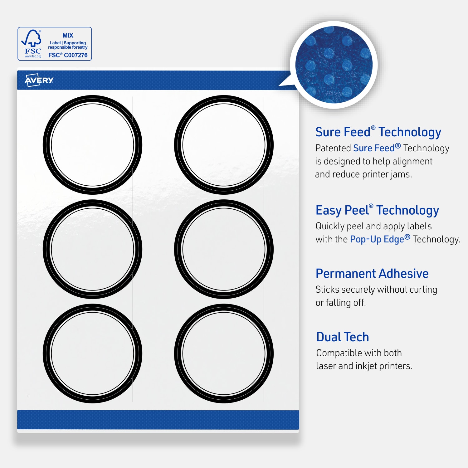 Avery Print-To-The-Edge Labels & Sure Feed, S00-DM1-PRWGP10, 3in Round, Glossy White, Preprinted Double Black Border Design, Pack Of 60 - Image 5