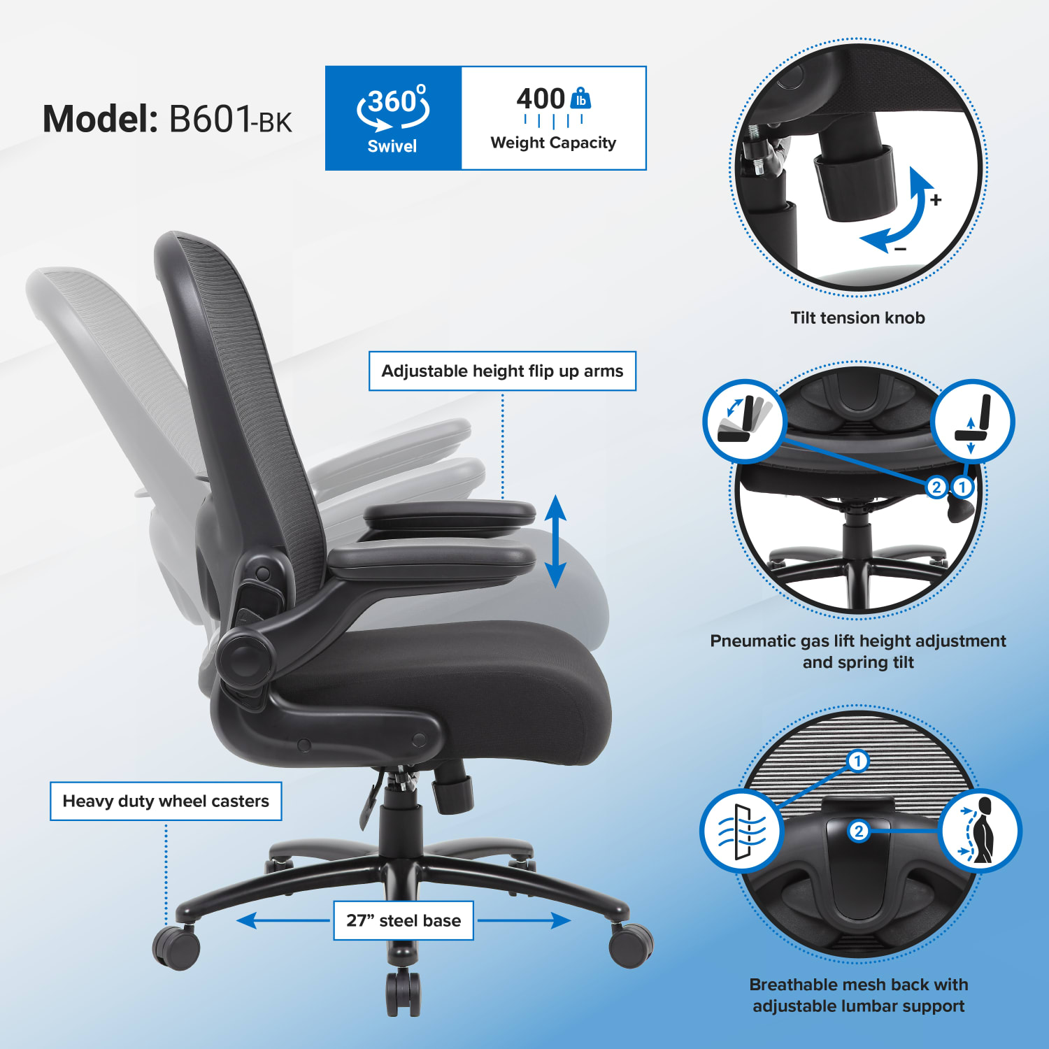 Boss Office Products Heavy Duty Flip Arm Ergonomic Mesh High Back Task Chair Black PopularChairscom