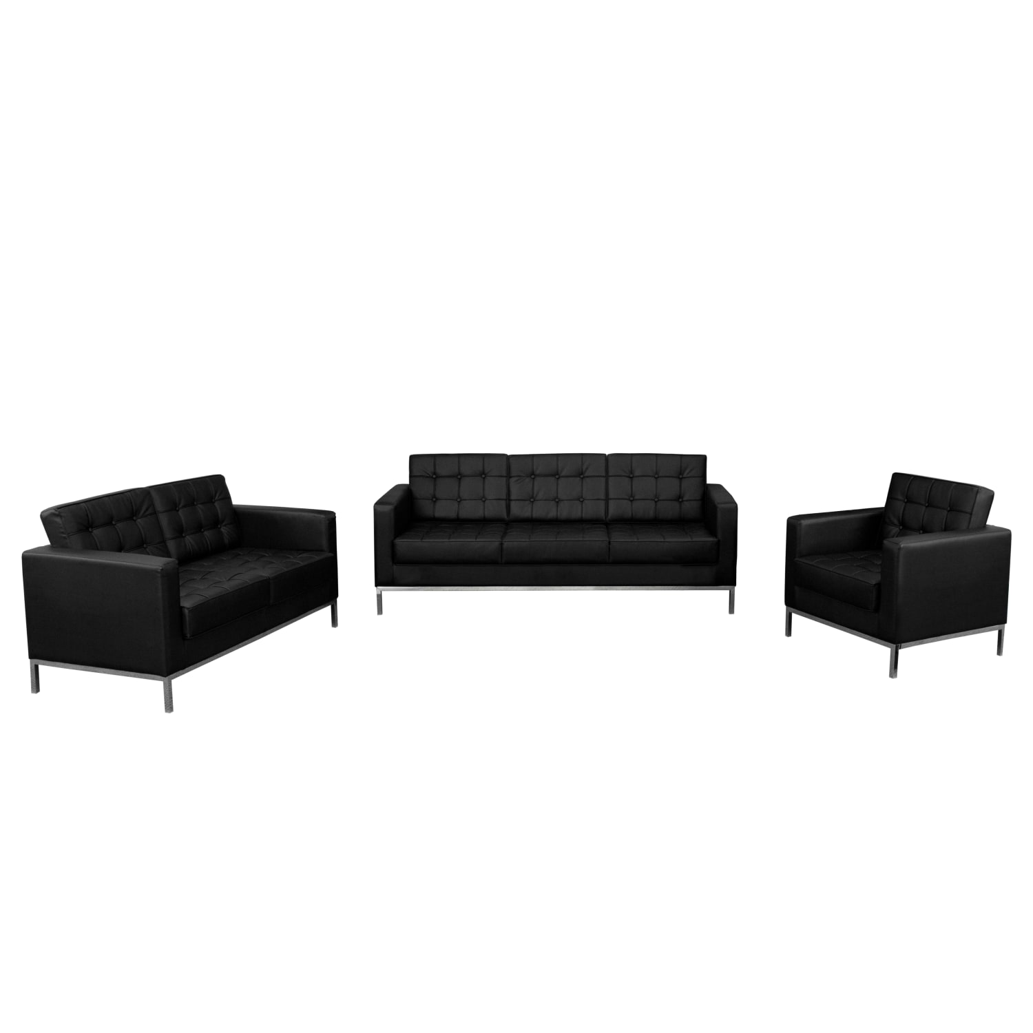 Flash Furniture HERCULES Lacey Series Button Tufted LeatherSoft Reception Set with Integrated Stainless Steel Frame, Black