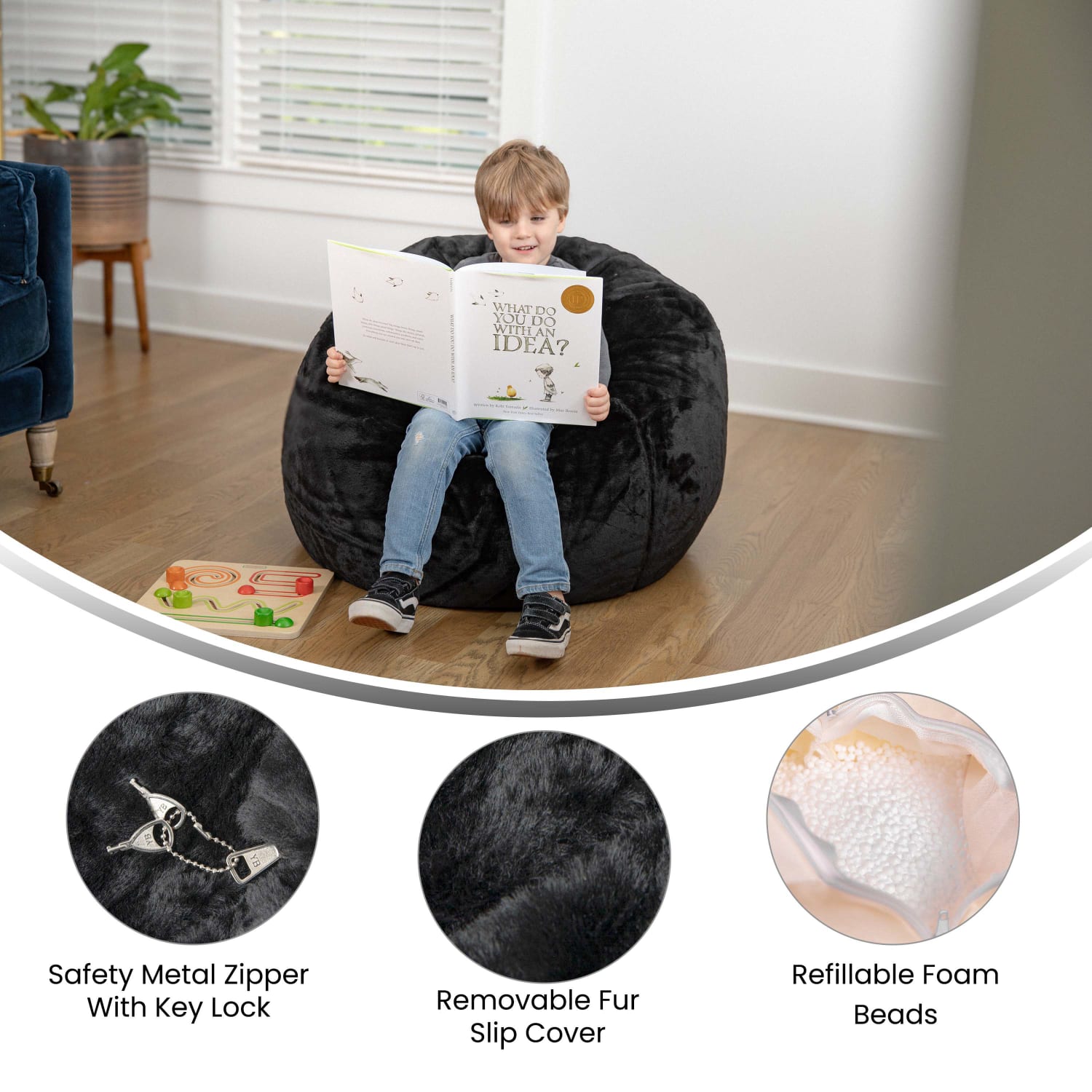 Flash Furniture Small Bean Bag Chair For Kids And Teens Black Furry PopularChairscom