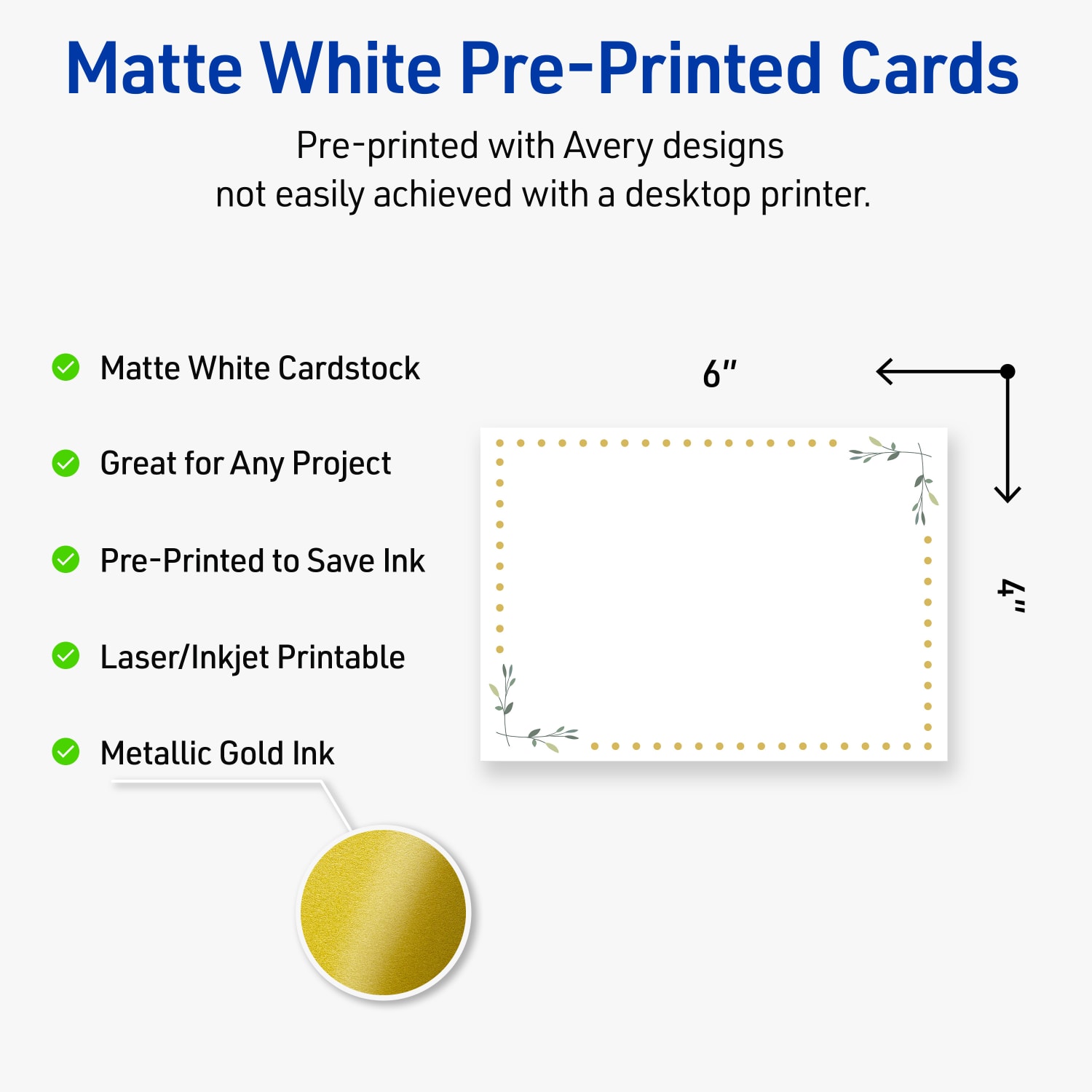 Avery Printable Postcards With Sure Feed Technology, 4in x 6in, Matte White With Gold Dots/Green Floral Design, Pack Of 20 - Image 4