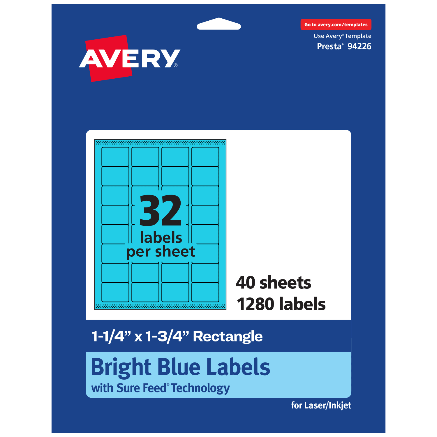 Avery Printable Labels With Sure Feed Technology, 94226-BBP40, Rectangle, 1-1/4in x 1-3/4in, Matte Bright Blue, Pack of 1280