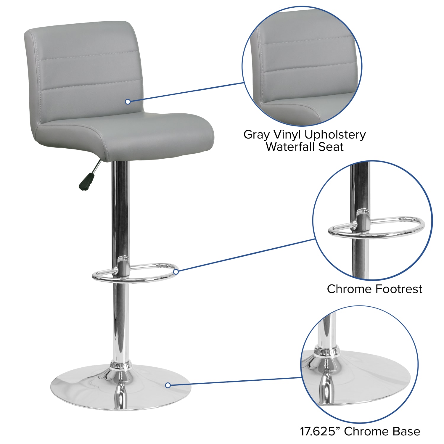 Flash Furniture Contemporary Vinyl Adjustable Height Barstool with Rolled Seat and Chrome Base Gray PopularChairscom