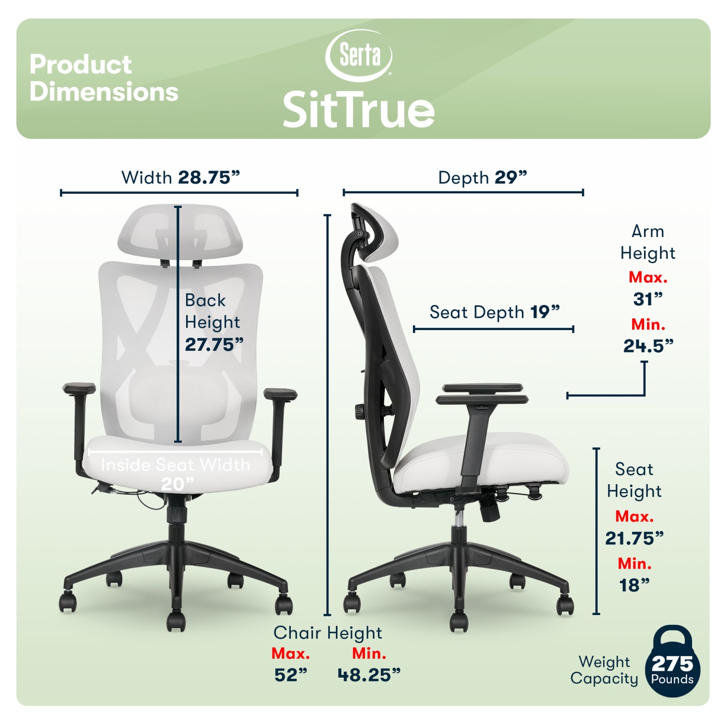 Serta SitTrue Ridgefield Ergonomic Mesh/Vegan Leather High-Back Task Chair, 51% Recycled, White/Black - Image 3