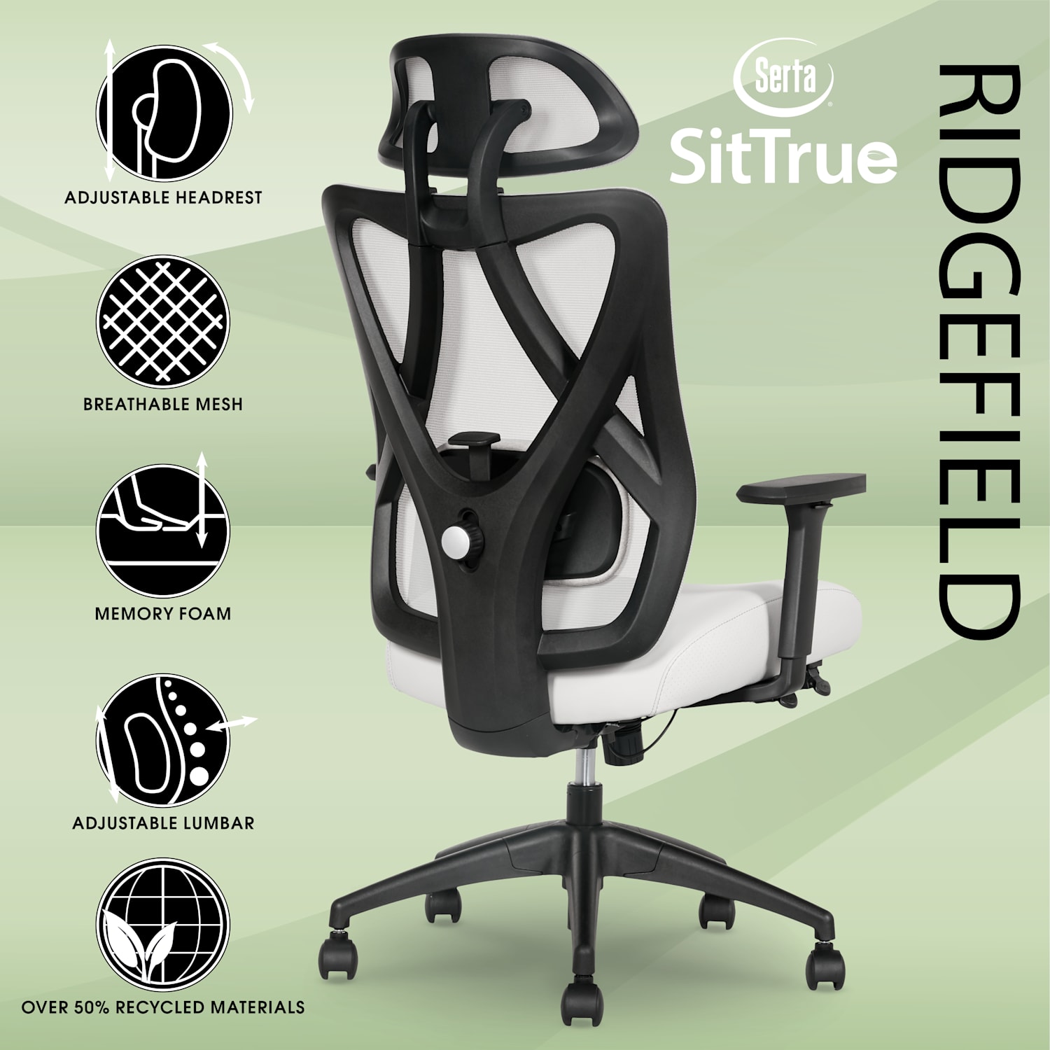 Serta SitTrue Ridgefield Ergonomic Mesh/Vegan Leather High-Back Task Chair, 51% Recycled, White/Black - Image 4