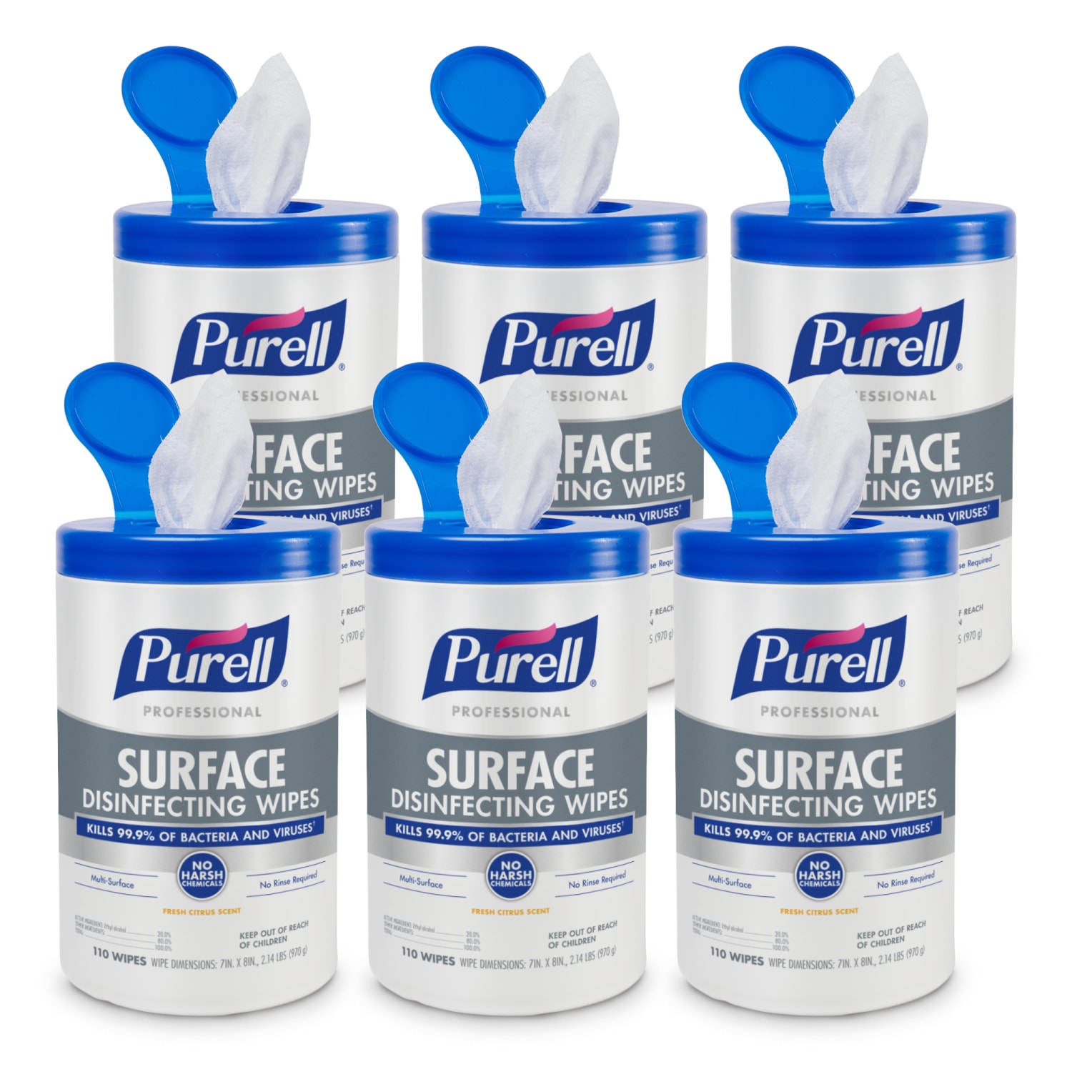 PURELL Professional Surface Disinfecting Wipes, Citrus Scent, 110 Count Canister, 7inx 8in Wipes, Pack of 6 Canisters - Image 3