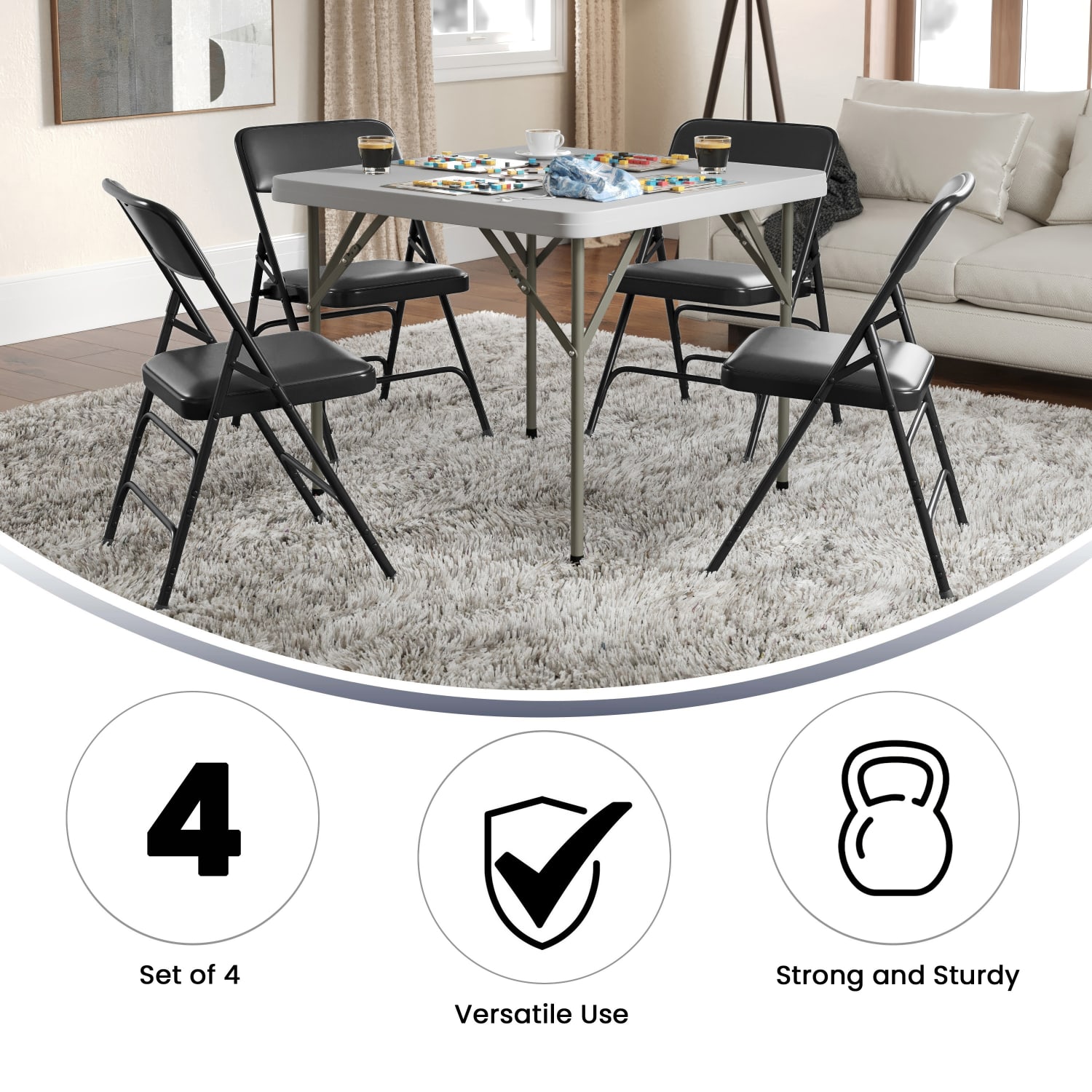 Flash Furniture HERCULES Series Curved Triple-Braced & Double-Hinged Upholstered Metal Folding Chairs, Black, Set Of 4 Chairs - Image 5