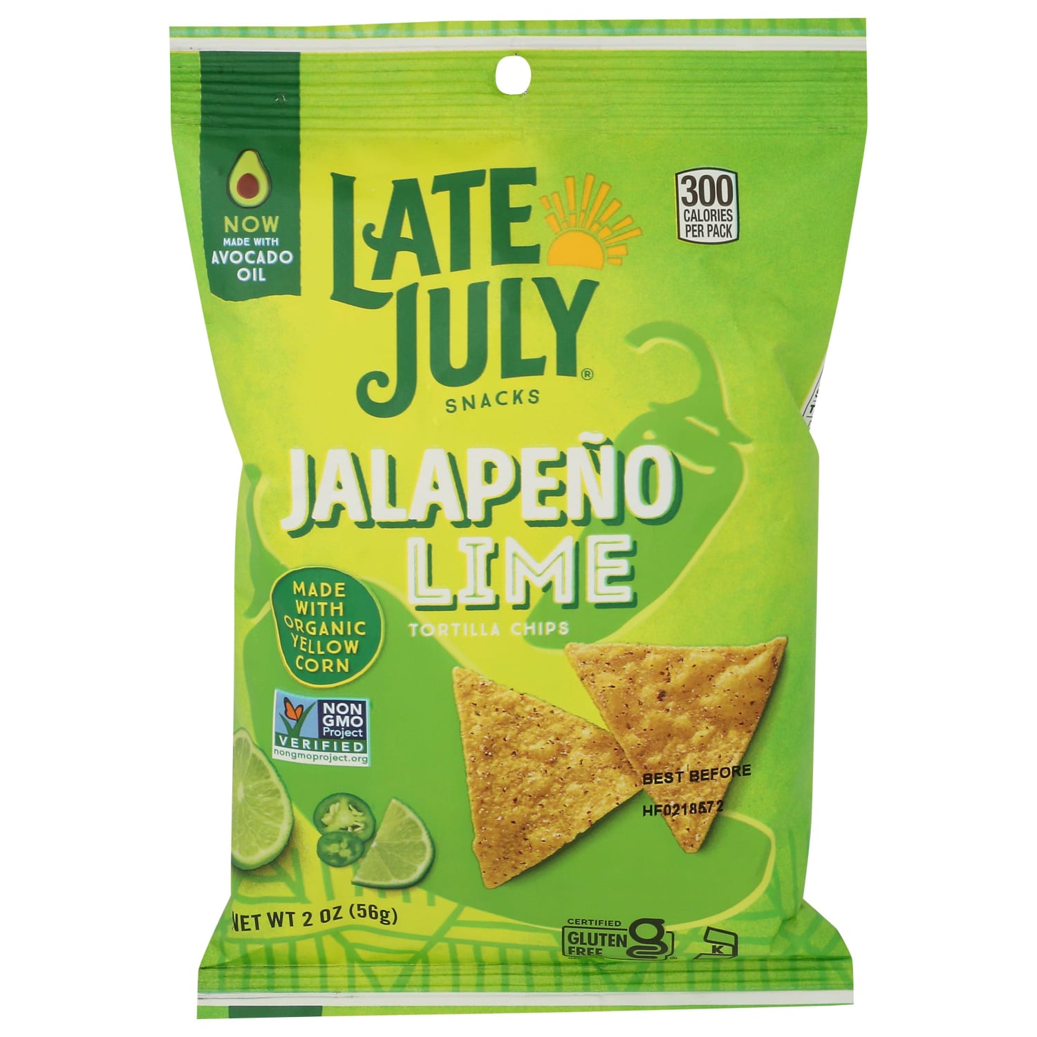Late July Snacks Tortilla Chips, Jalapeno Lime, 2 Oz, Total Qty 24