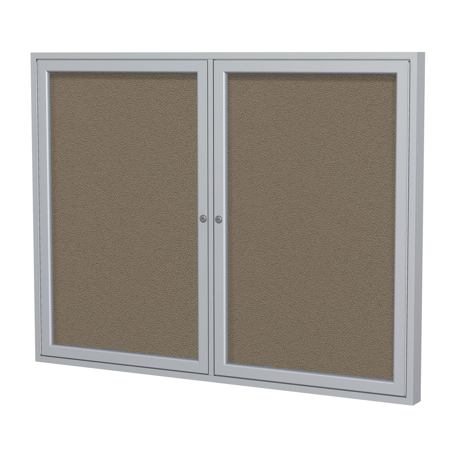 Ghent 2 Door Enclosed Fabric Bulletin Board, Satin Aluminum Frame, 36inH x 48inW, Taupe