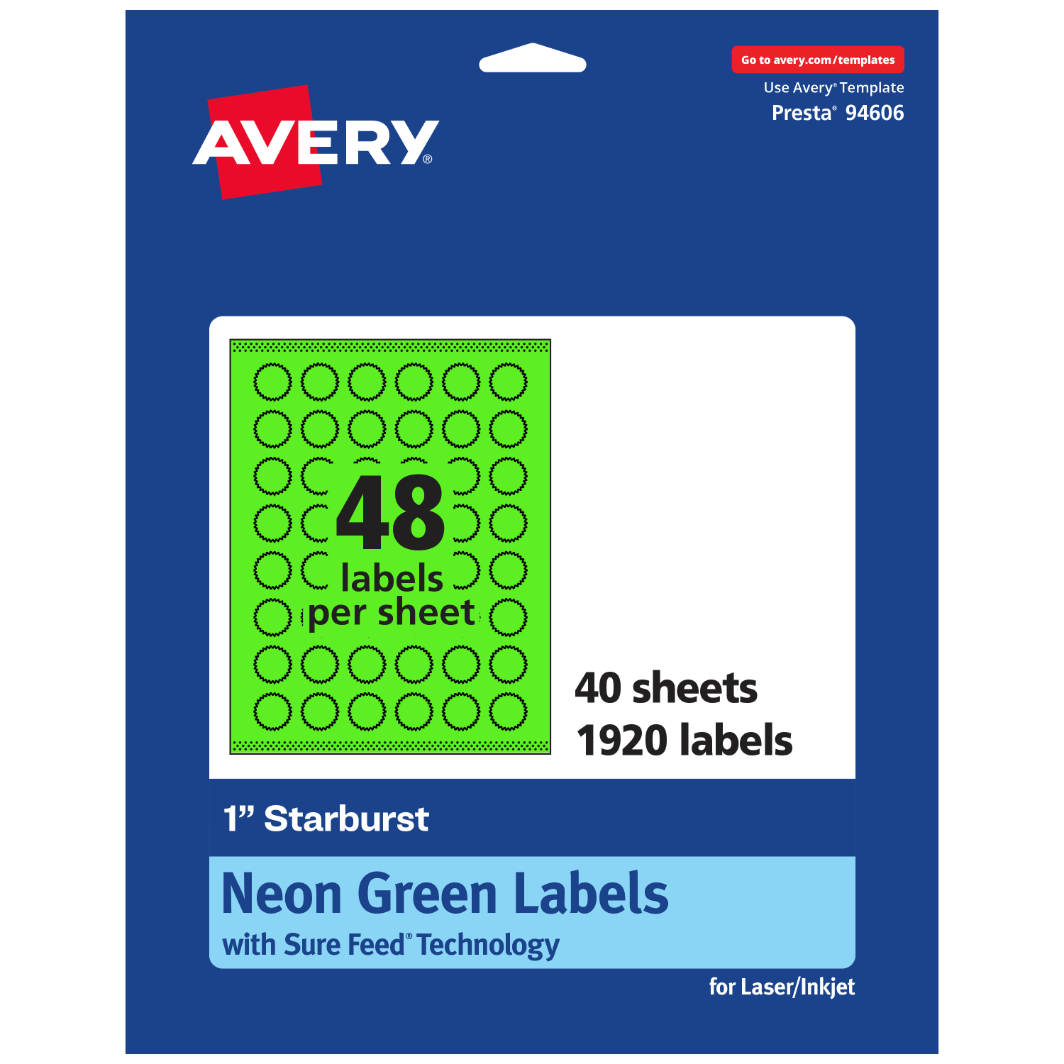 Avery Print-To-The-Edge Labels With Sure Feed Technology, 94606-NGP40, Starburst, 1in, Matte Neon Green, Pack of 1920