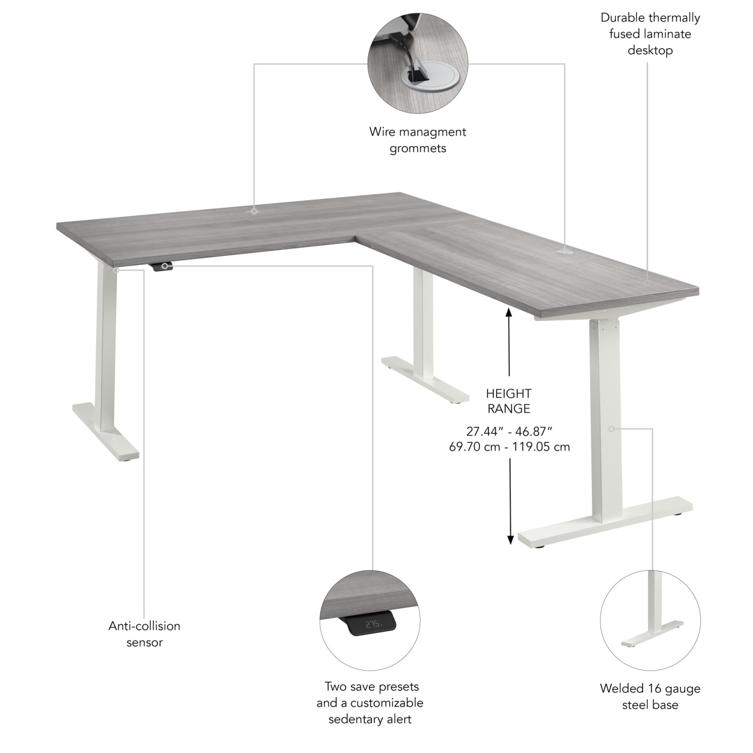 Bush Business Furniture Move 60 Series 60inW Height Adjustable L Shaped Standing Desk, Platinum Gray/White Powder Coat, Standard Delivery - Image 4