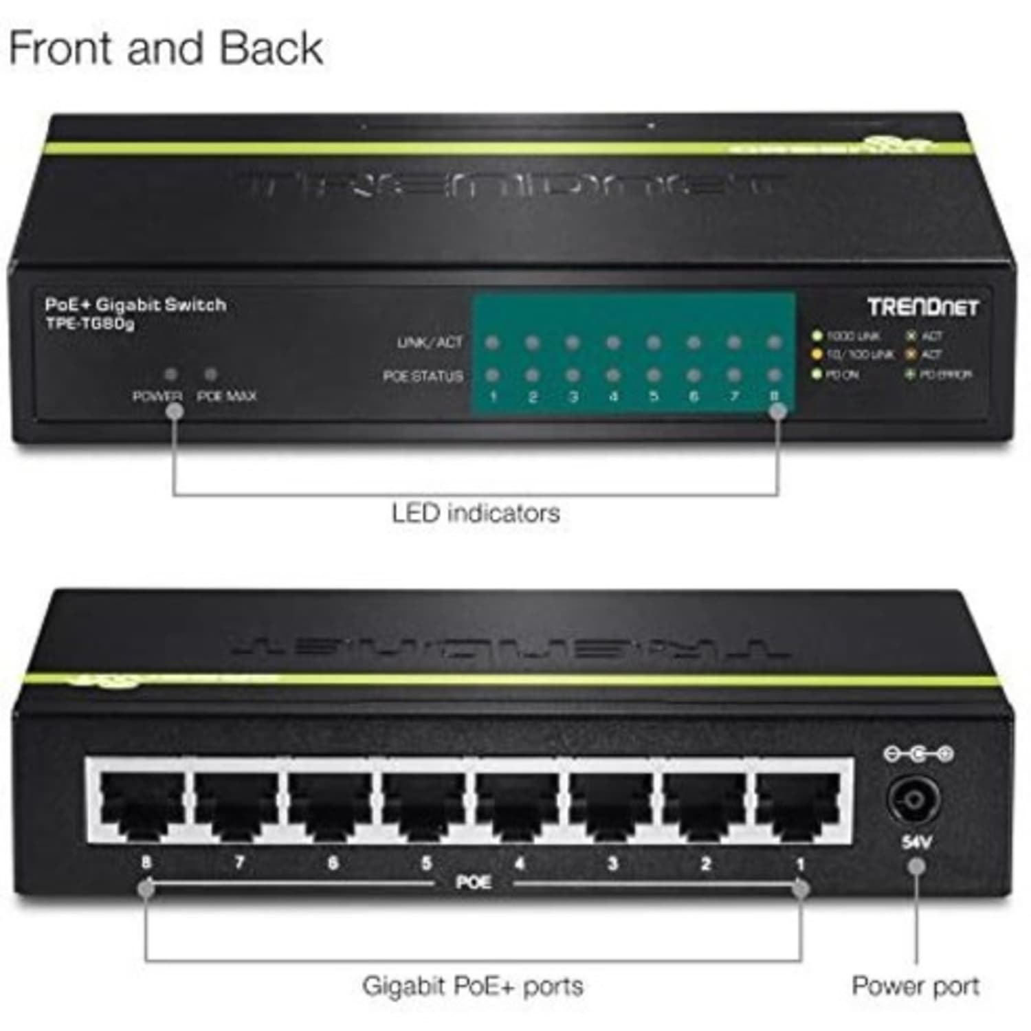 TRENDnet 8-Port Gigabit PoE+ Switch, TPE-TG80G, 8x Gigabit PoE+ Ports, 123W PoE Power Budget, 16 Gbps, Ethernet Splitter - Image 4