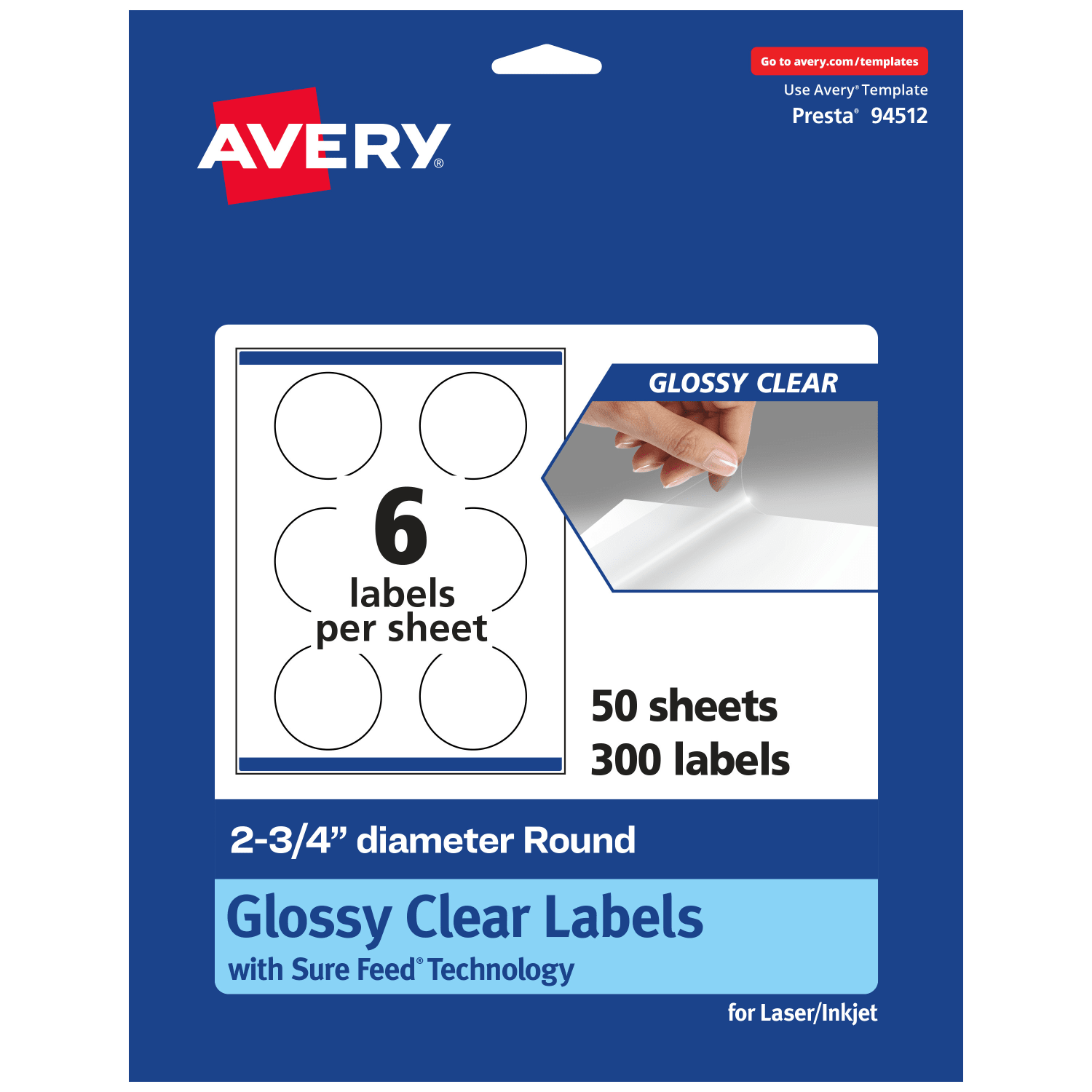 Avery Glossy Permanent Labels With Sure Feed, 94512-CGF50, Round, 2-3/4in Diameter, Clear, Pack Of 300