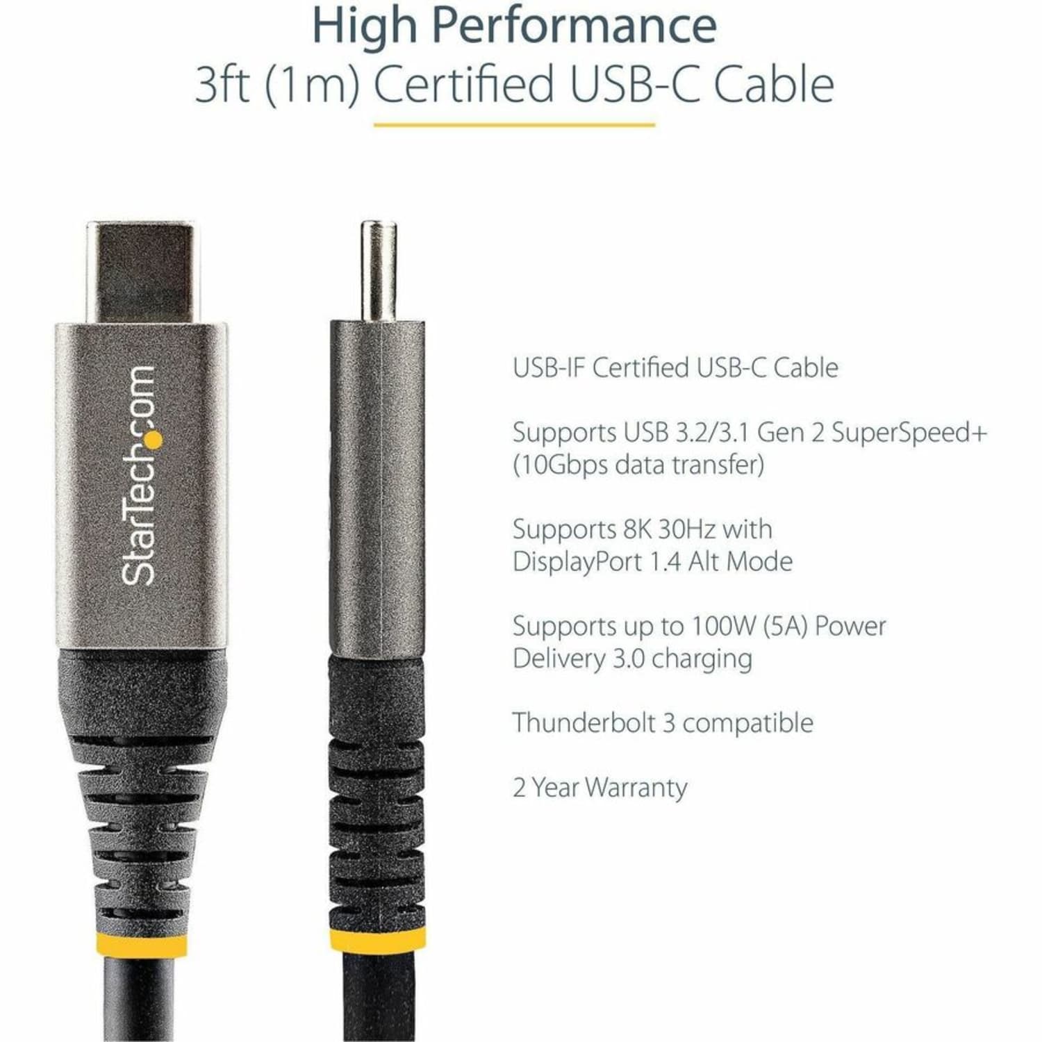 StarTech.com 3ft 1m USB C Cable 10Gbps, USB-IF Certified USB-C Cable, USB 3.1/3.2 Gen 2 Type-C Cable, 5A/100W PD, DP Alt Mode, USB C Cord - Image 4