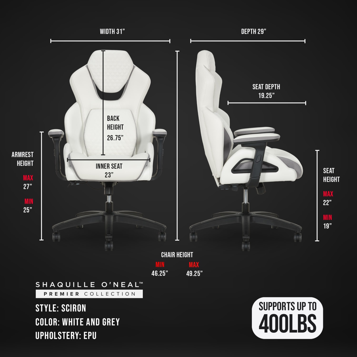 Shaquille O'Neal™ Sciron Big & Tall Ergonomic High-Back Vegan Leather Executive Gaming Office Chair, White/Gray, BIFMA Compliant - Image 3