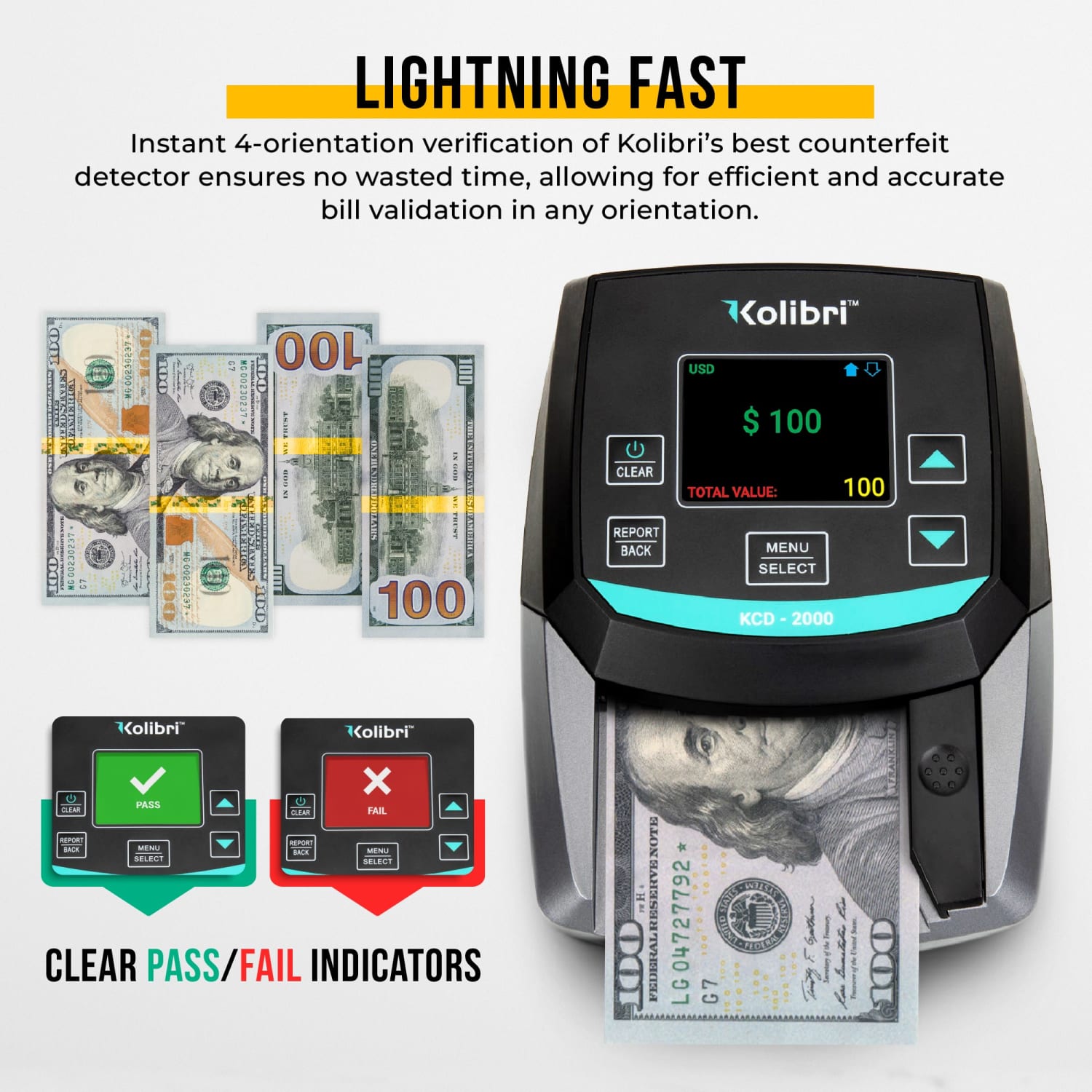 Kolibri KCD-2000 Advanced Counterfeit Bill Detector With 4-Way Bill Insertion, 5inH x 5inW x 5inD, Black/Gray - Image 4