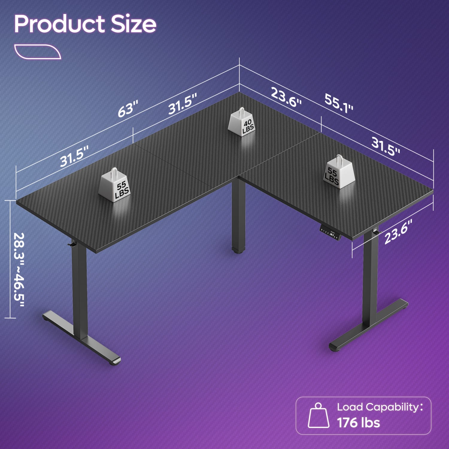 Bestier 63inW Electric Adjustable-Height L-Shaped Standing Desk, Black - Image 6