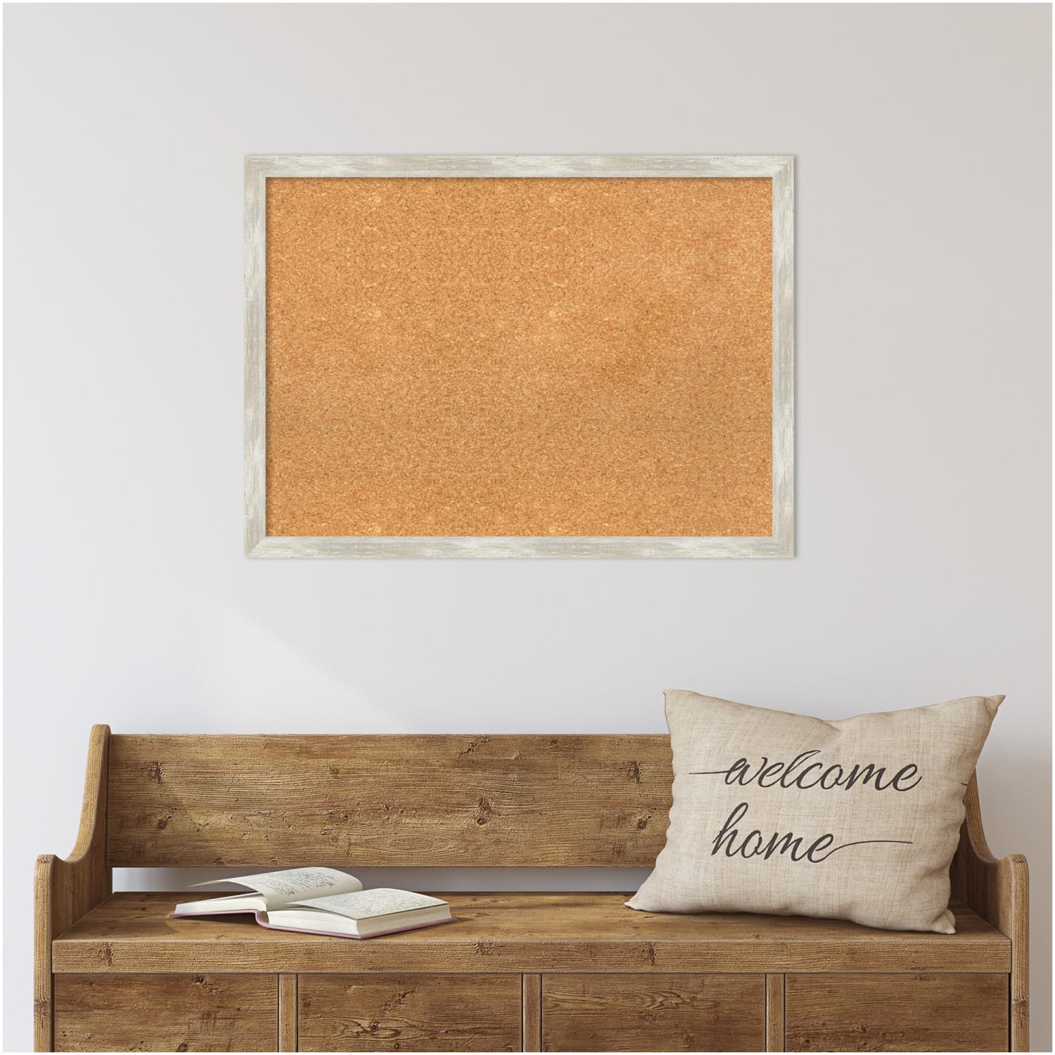 Amanti Art Rectangular Non-Magnetic Cork Bulletin Board, Natural, 30in x 22in, Crackled Metallic Narrow Plastic Frame - Image 4