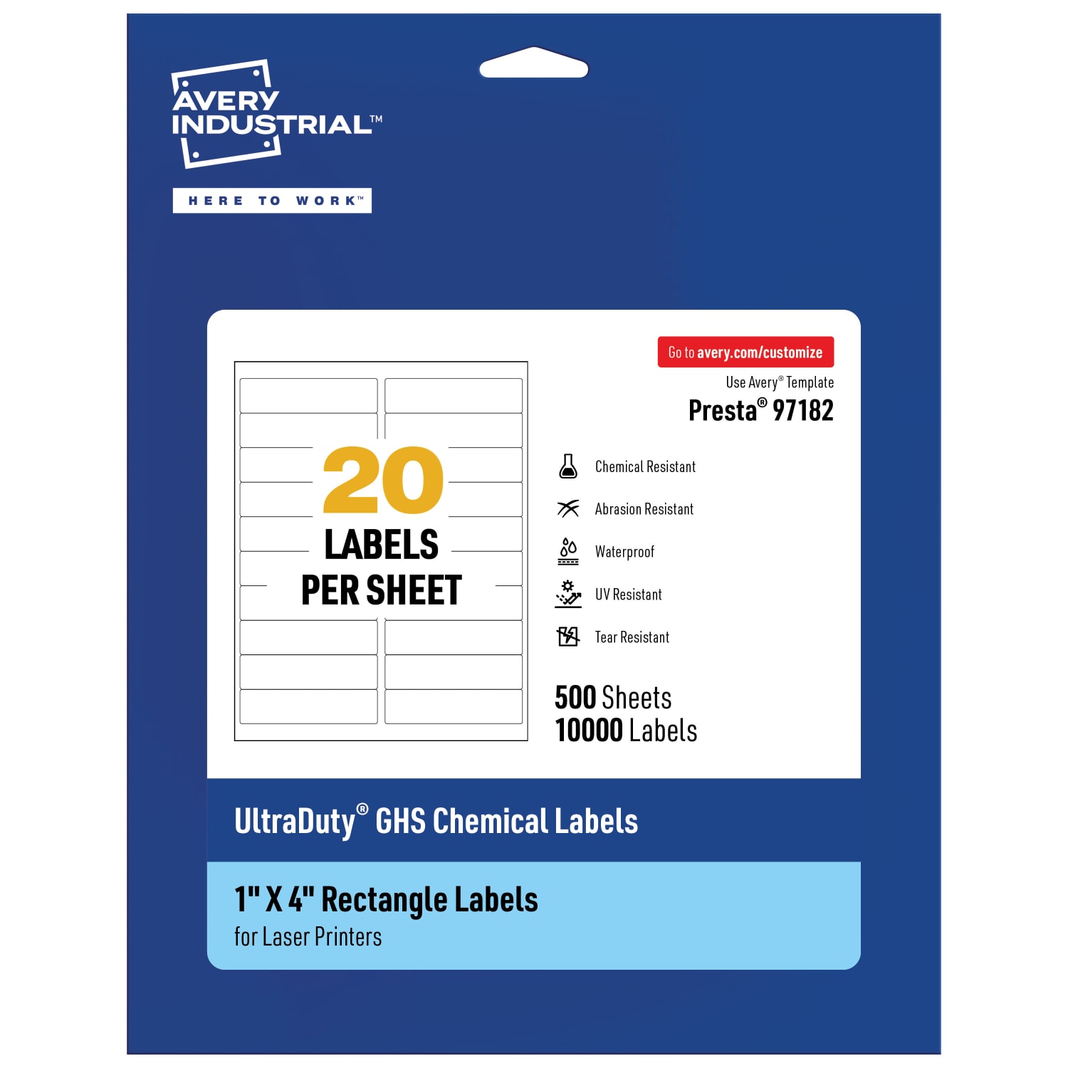 Avery Ultra Duty Permanent GHS Chemical Labels, 97182-WMU500, Rectangle, 1in x 4in, White, Pack Of 10,000
