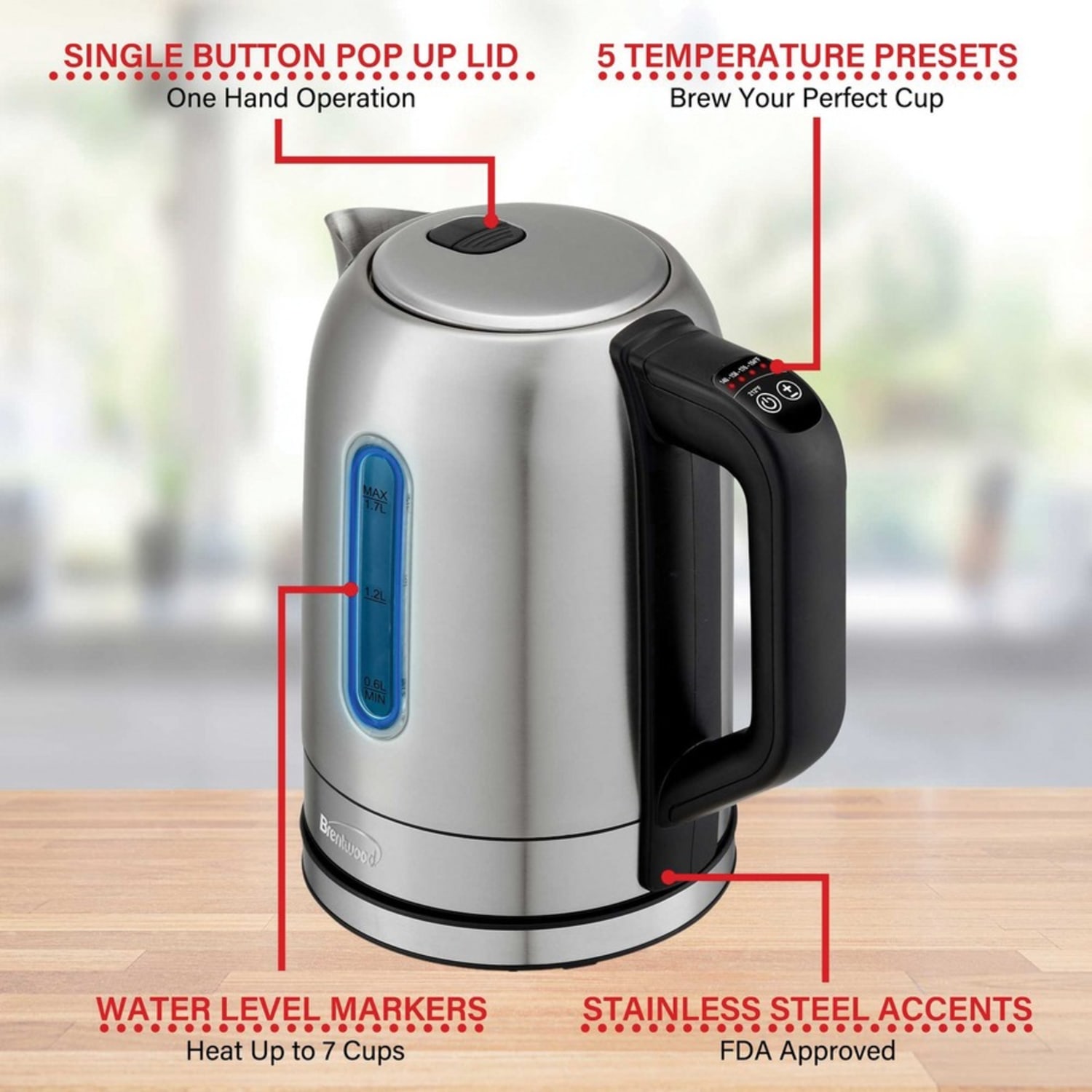 Brentwood 1500W 1.79 Qt Cordless Digital Stainless Steel Kettle With 5 Temperature Presets & Swivel Base, Silver - Image 3