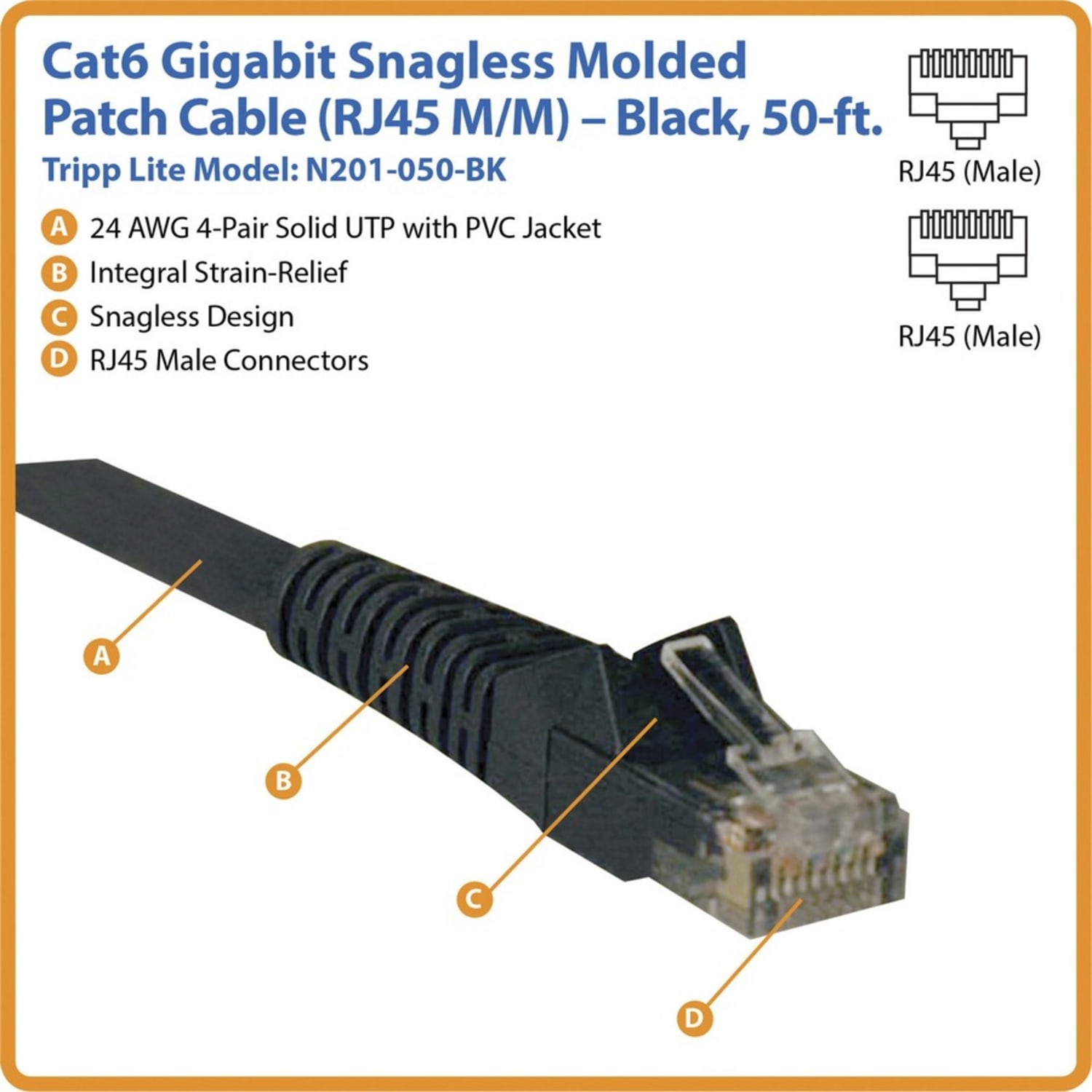 Eaton Tripp Lite Series Cat6 Gigabit Snagless Molded (UTP) Ethernet Cable (RJ45 M/M), PoE, Black, 50 ft. (15.24 m) - N201050BK - Image 3