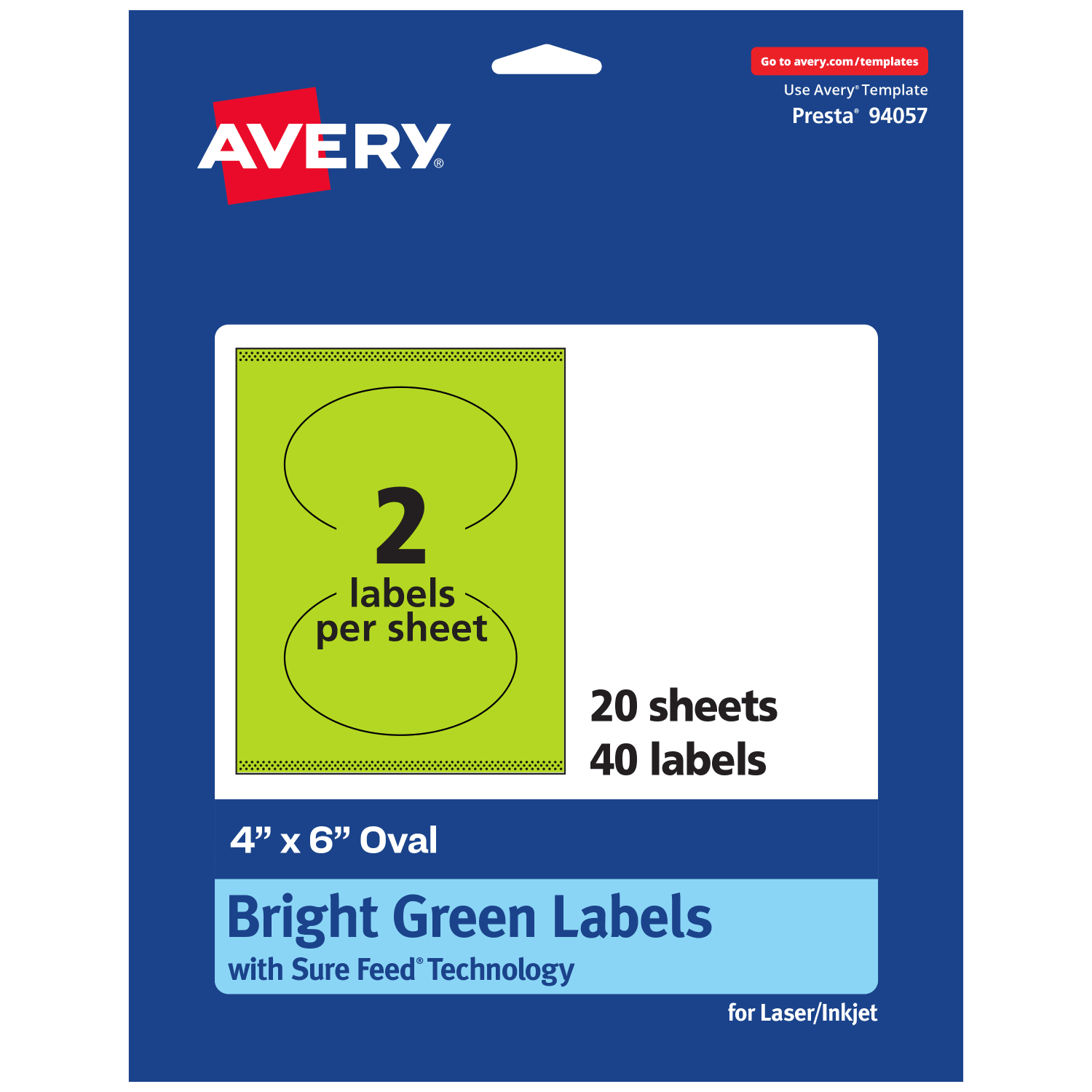 Avery Print-To-The-Edge Labels With Sure Feed Technology, 94057-BGP20, Oval, 4in x 6in, Matte Bright Green, Pack of 40