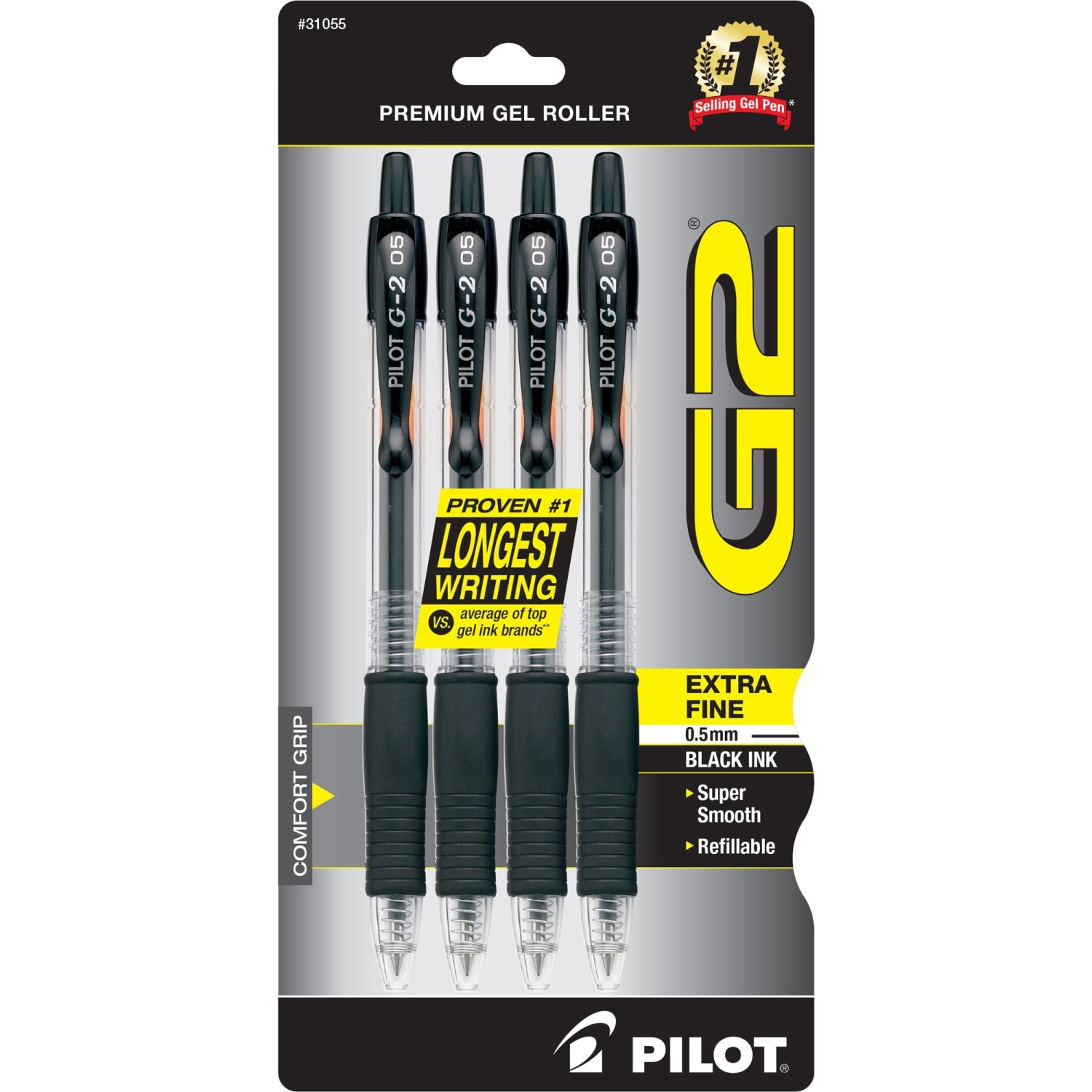Pilot G2 Retractable Gel Pens, Extra Fine Point, 0.5 mm, Black Barrels, Black Ink, Pack Of 4 - Image 3
