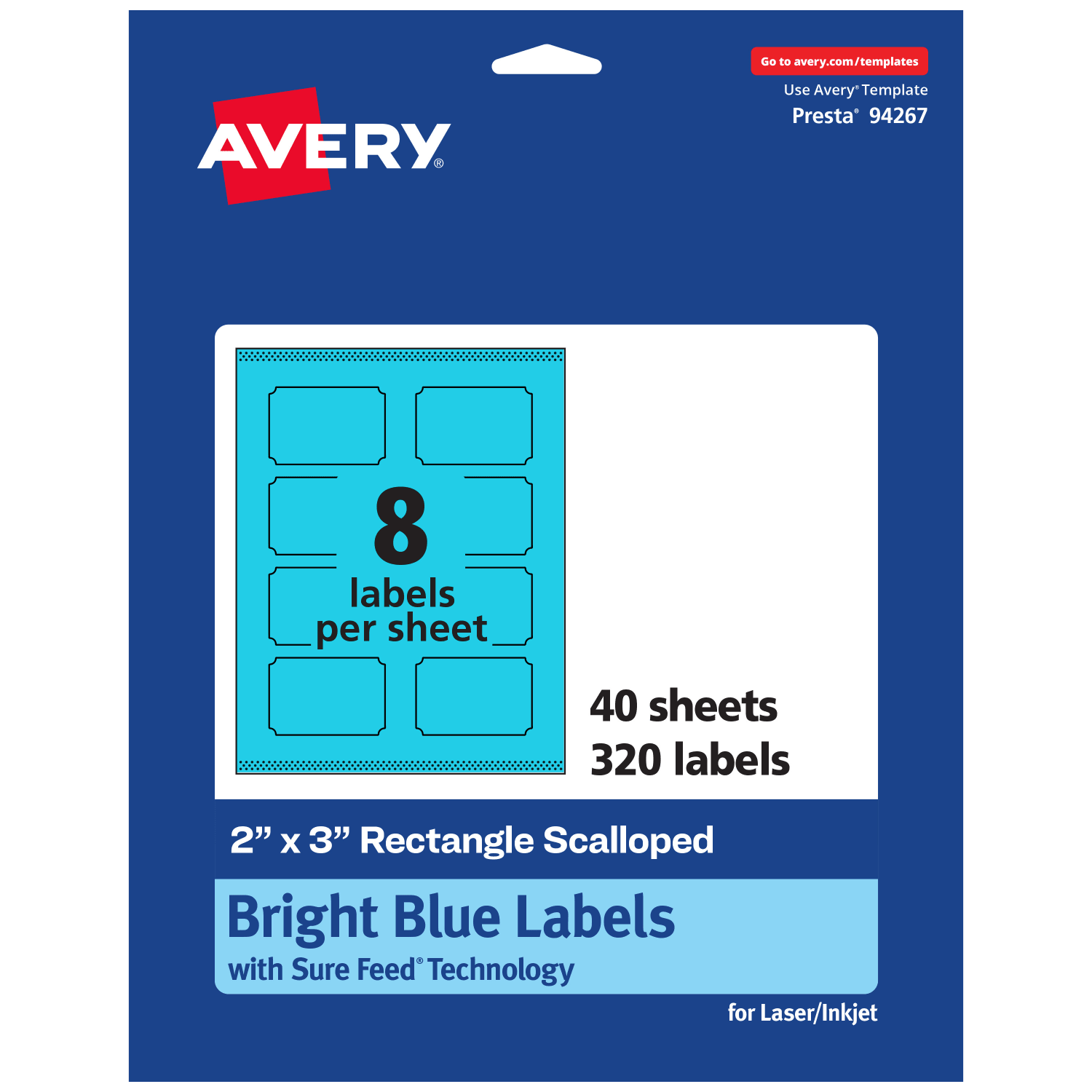 Avery Print-To-The-Edge Labels With Sure Feed Technology, 94267-BBP40, Rectangle Scalloped, 2in x 3in, Matte Bright Blue, Pack of 320