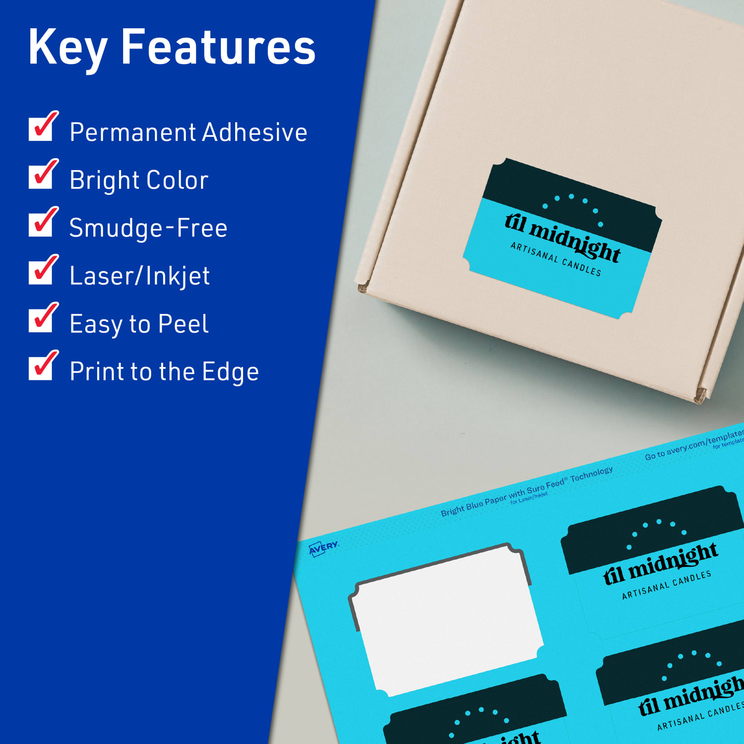 Avery Print-To-The-Edge Labels With Sure Feed Technology, 94267-BBP40, Rectangle Scalloped, 2in x 3in, Matte Bright Blue, Pack of 320 - Image 3