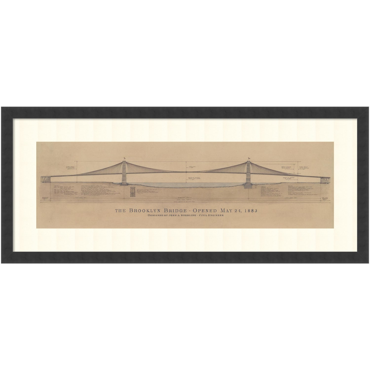 Amanti Art Brooklyn Bridge by Craig S. Holmes Wood Framed Wall Art Print, 17inH x 40inW, Black