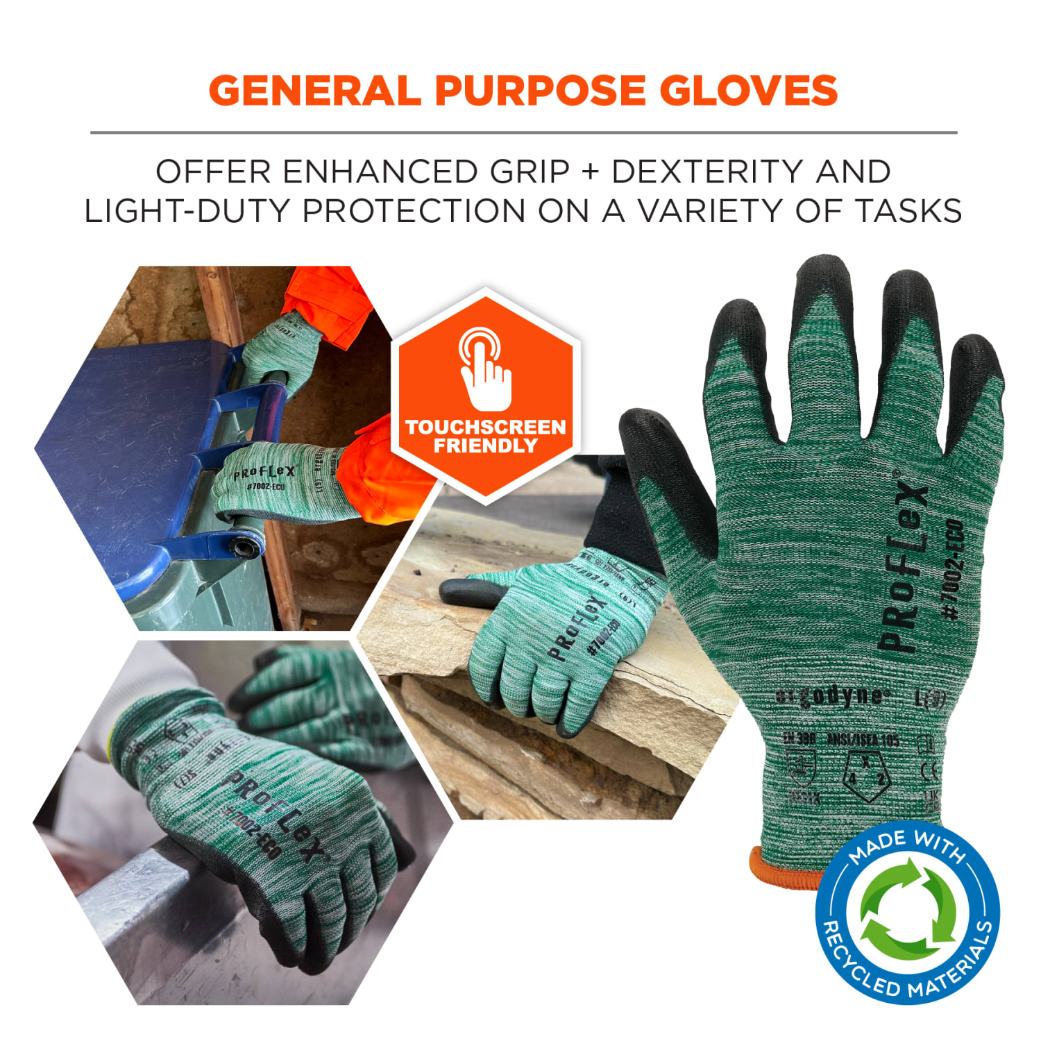 Ergodyne ProFlex 7002-ECO Polyethylene PU Coated Gloves, XS, 37% Recycled, Green - Image 5
