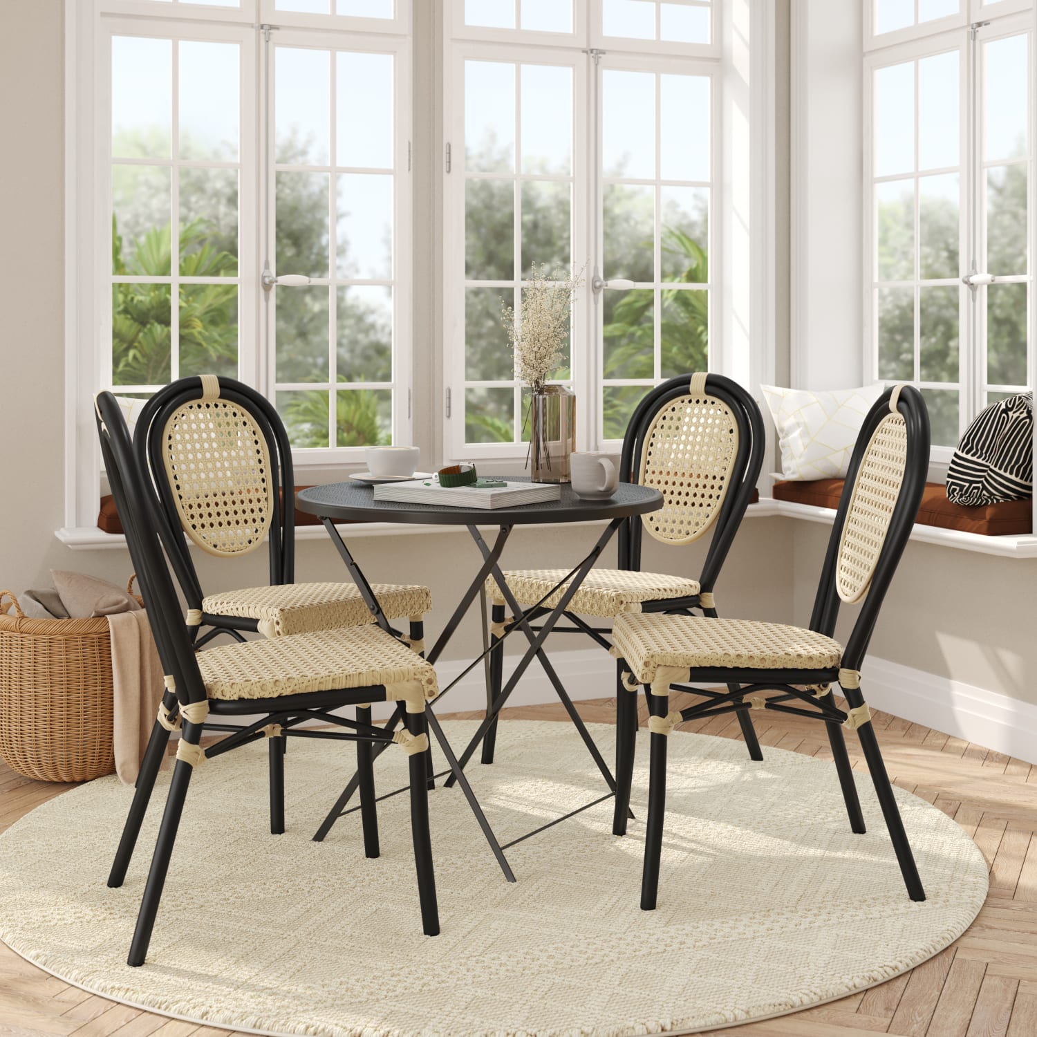 Flash Furniture 4 Pack Cannes Indoor/Outdoor Commercial Thonet Bistro Stacking Chair, PE Cane Rattan and Aluminum Frame, Natural/Black Frame - Image 4