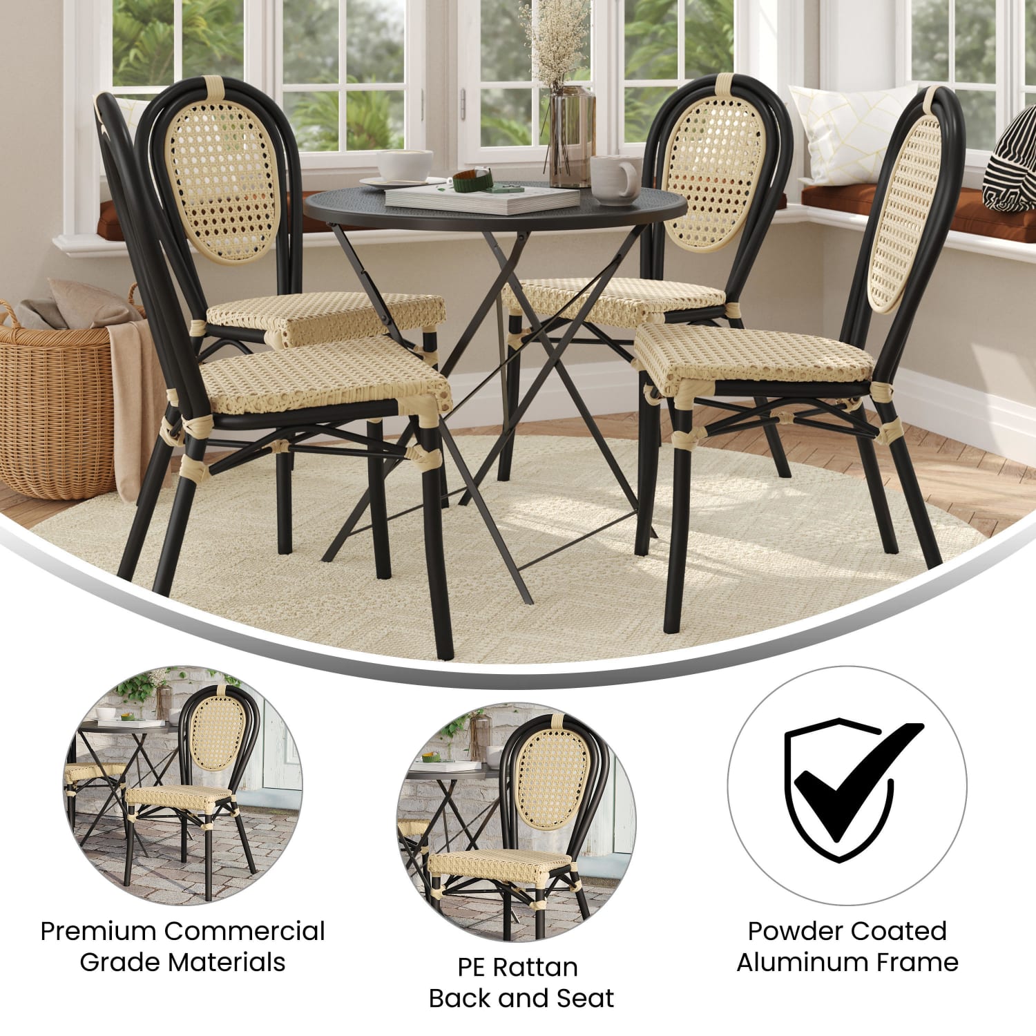 Flash Furniture 4 Pack Cannes IndoorOutdoor Commercial Thonet Bistro Stacking Chair PE Cane Rattan and Aluminum Frame NaturalBlack Frame PopularChairscom
