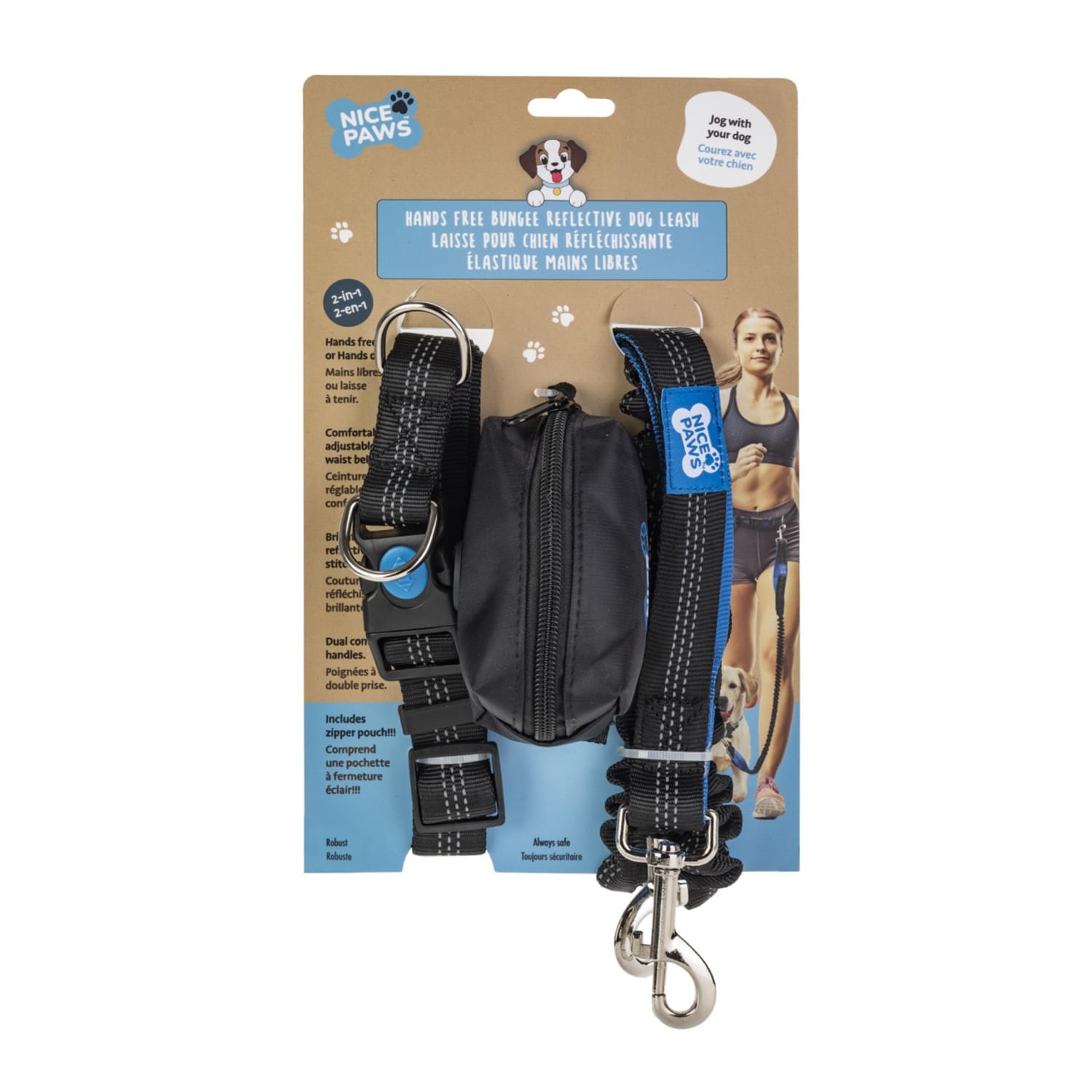 Nice Paws Hands-Free Bungee Reflective Leash, 5ft, Black/Blue - Image 3