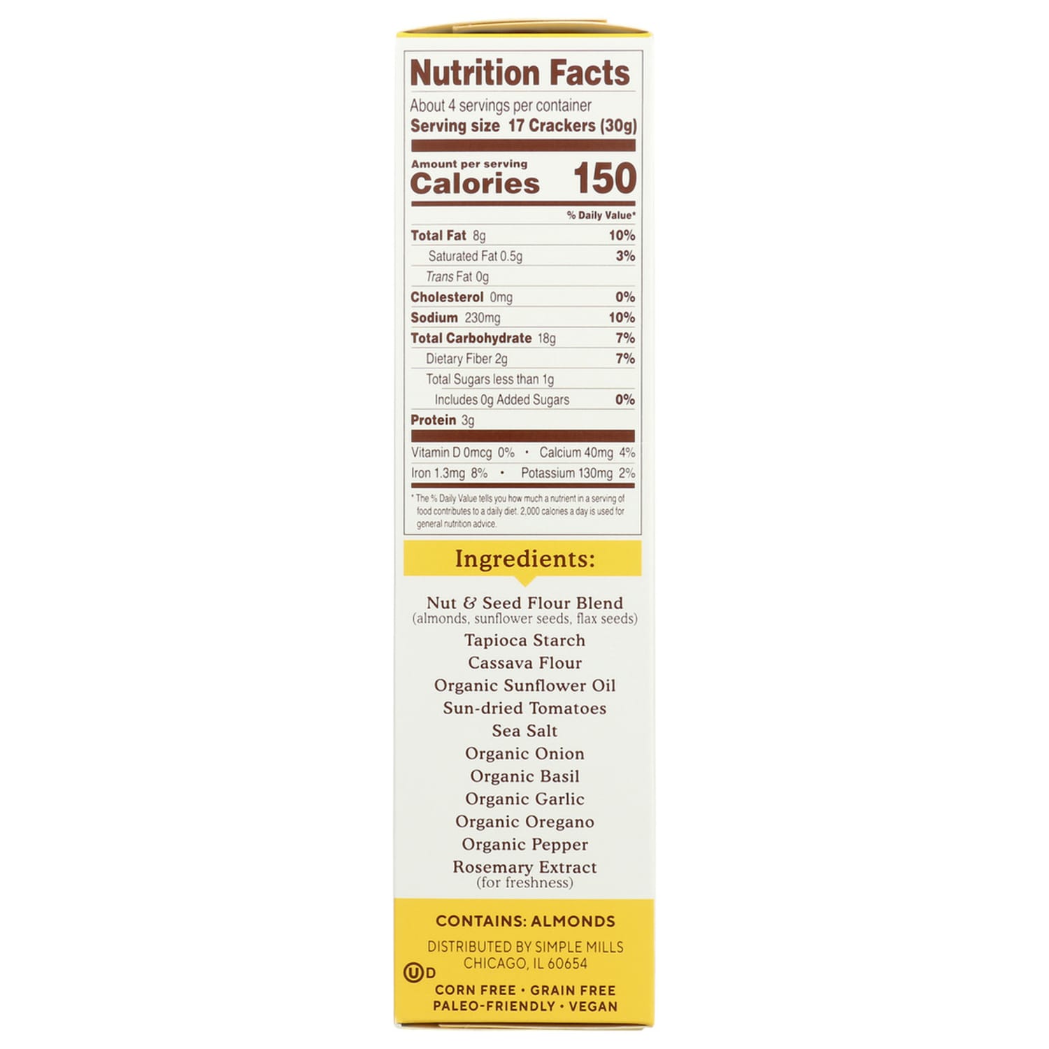 Simple Mills Almond Flour Crackers, Sun Dried Tomato and Basil, 4.25 Oz, Total Qty 6 - Image 3